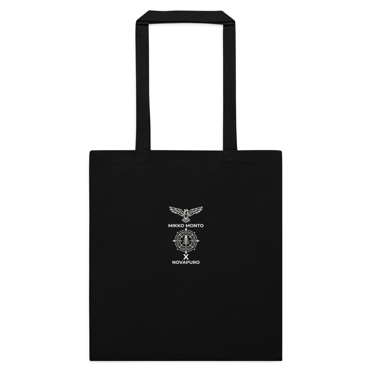 A black cotton tote bag featuring a distressed splash-edge front print of a majestic bull moose by Mikko Monto.