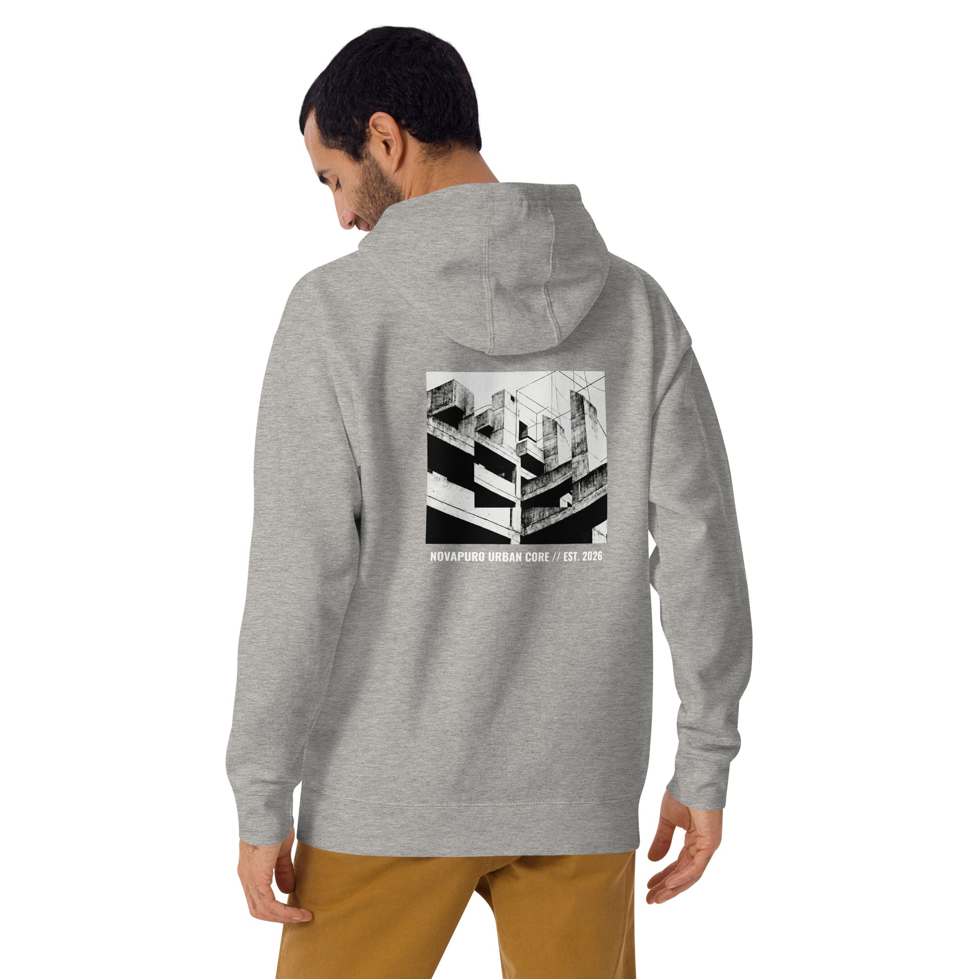 Novapuro Urban Core Heavyweight Hoodie. Premium thick organic cotton pullover designed for modern city life. Sustainable streetwear.