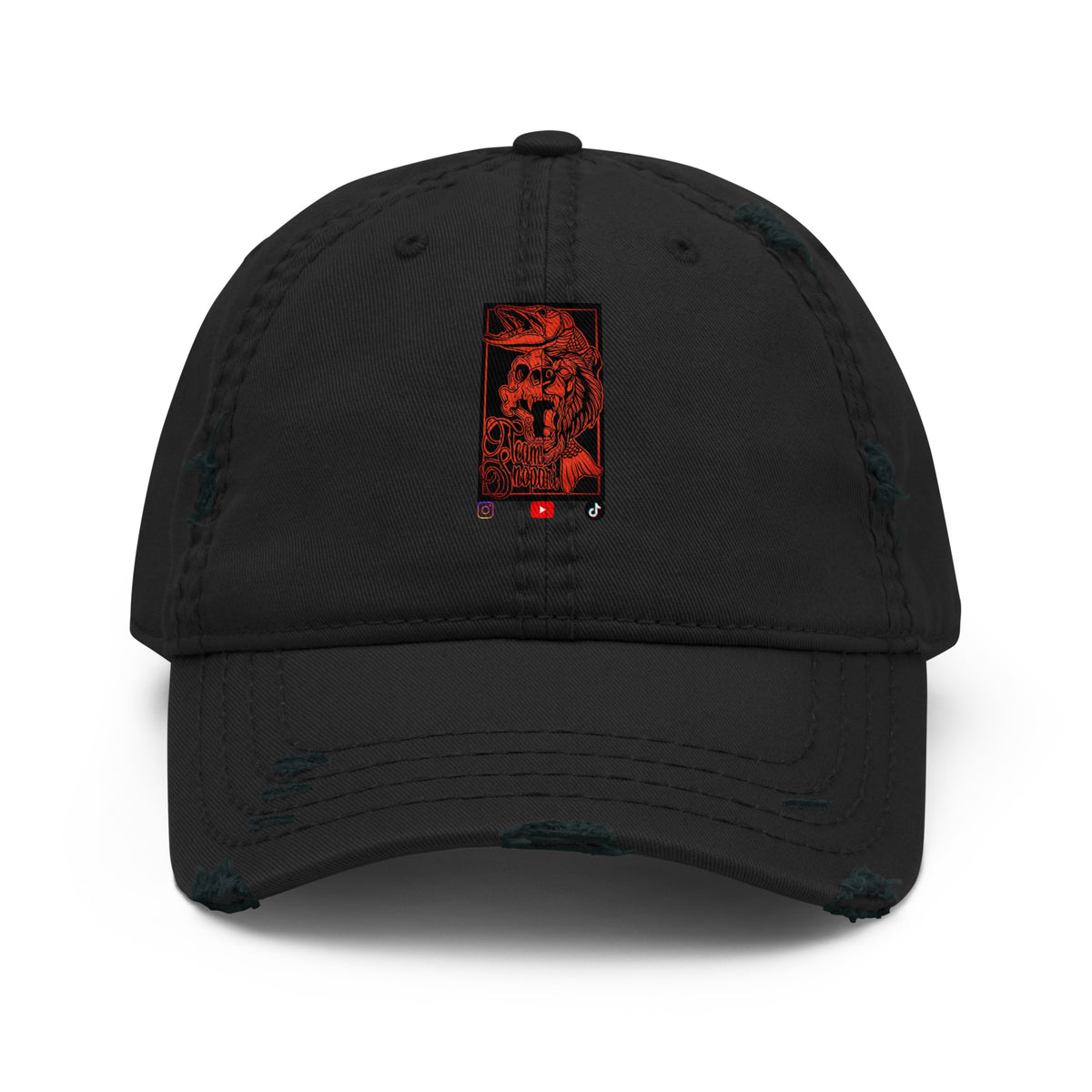 Black Team Snöpäri distressed dad hat featuring a classic red embroidered logo on the front, Novapuro Nordic streetwear.