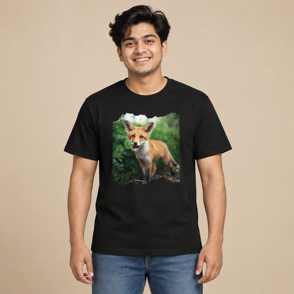 Black Unisex Organic Cotton Creator 2.0 T-Shirt made of 100% organic cotton, featuring a Nordic fox wildlife photograph by Johannes Immonen.   