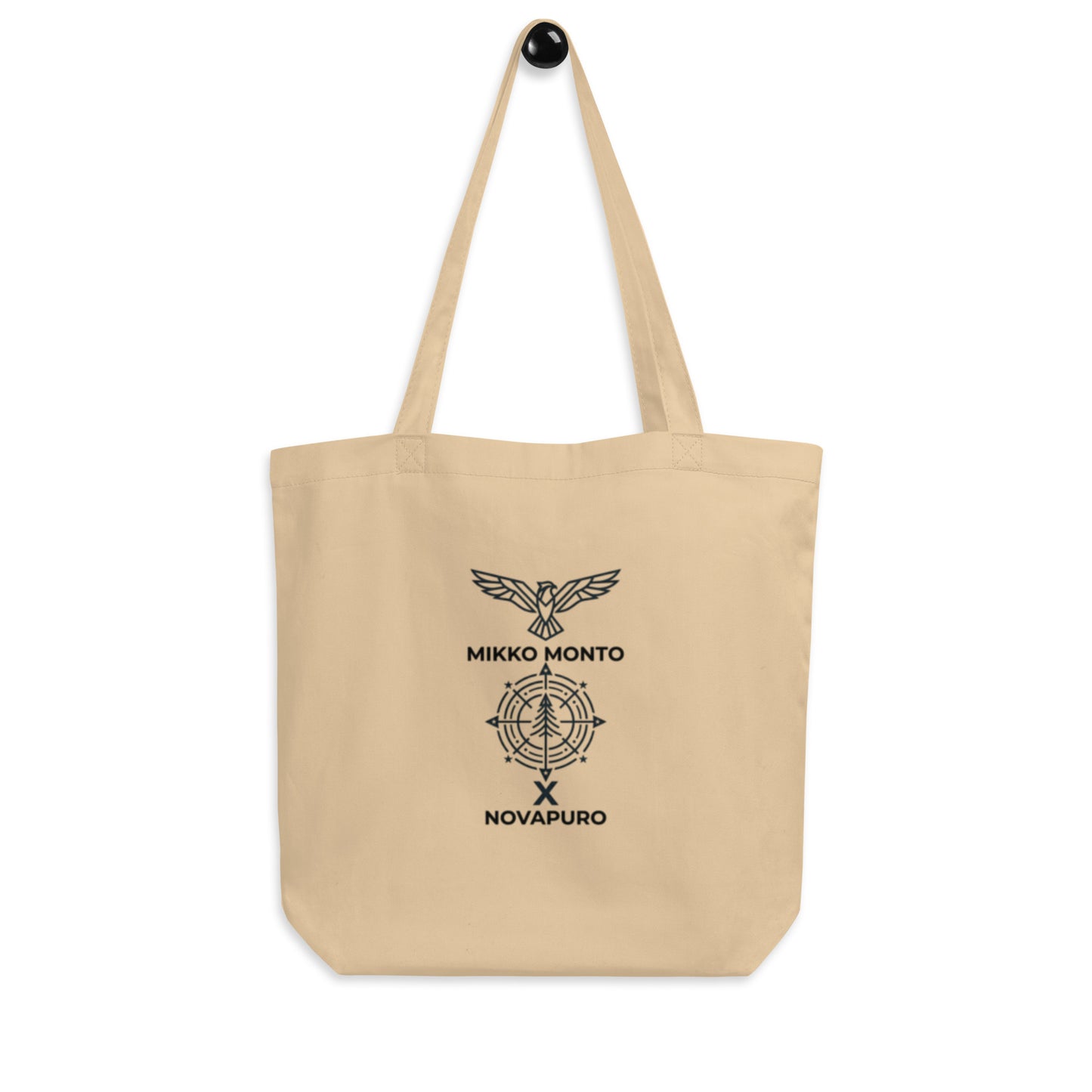 A natural color organic cotton tote bag by Novapuro featuring a dynamic flying osprey wildlife photograph by Mikko Monto.