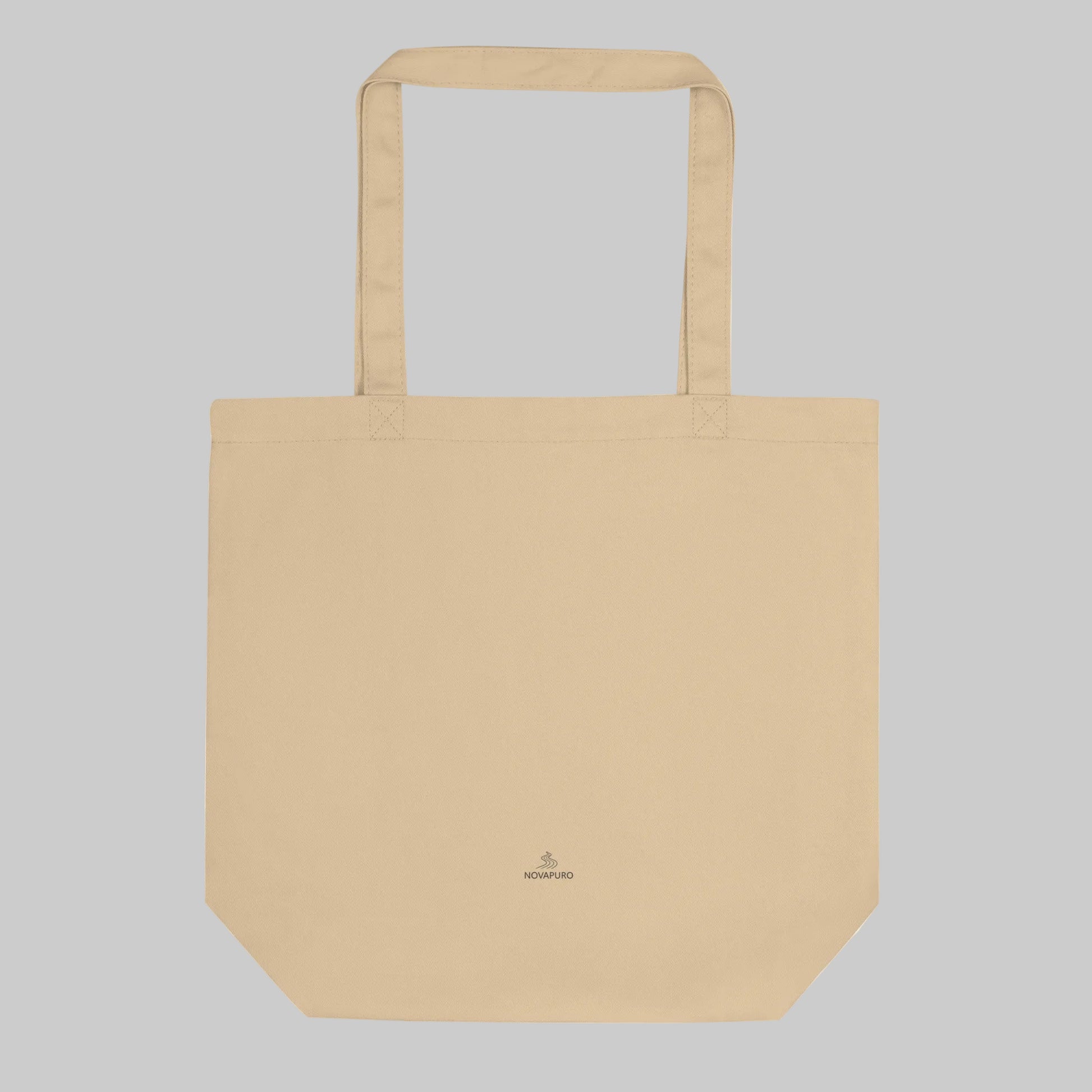Back of the organic cotton Novapuro tote bag featuring a small minimalist logo
