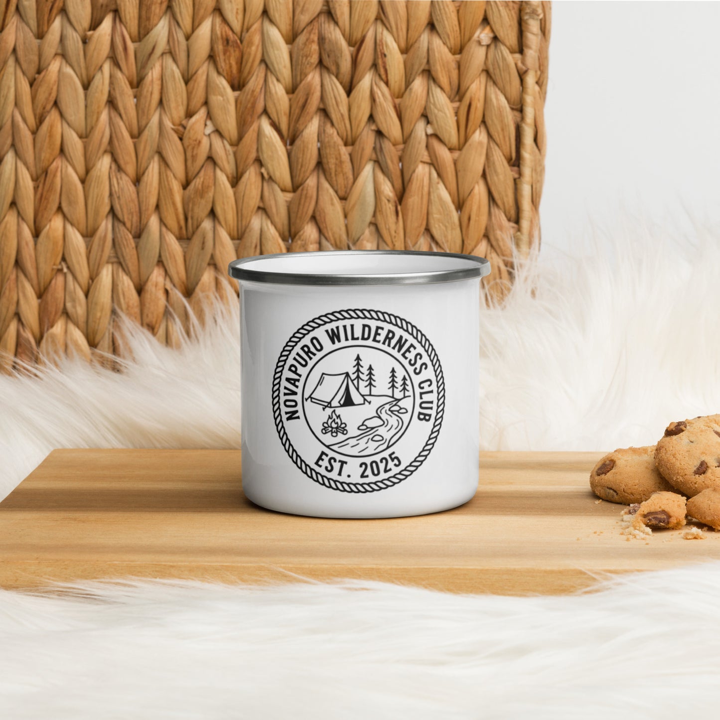 Novapuro Wilderness Club Enamel Camp Mug. Durable outdoor coffee cup with retro adventure design. Perfect for camping and hiking.