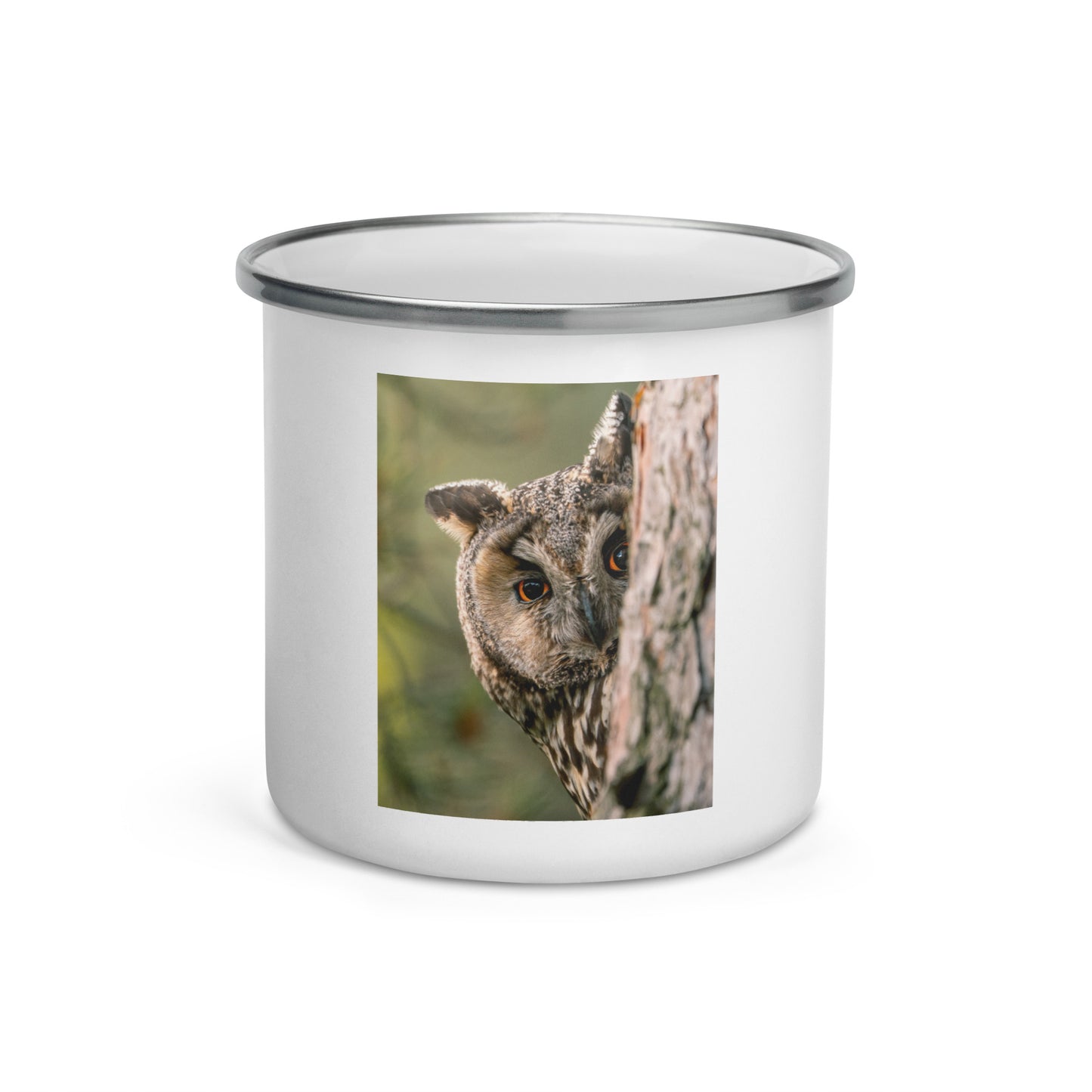 An enamel camper mug featuring a detailed stippling art print of a Long-eared Owl by Mikko Monto