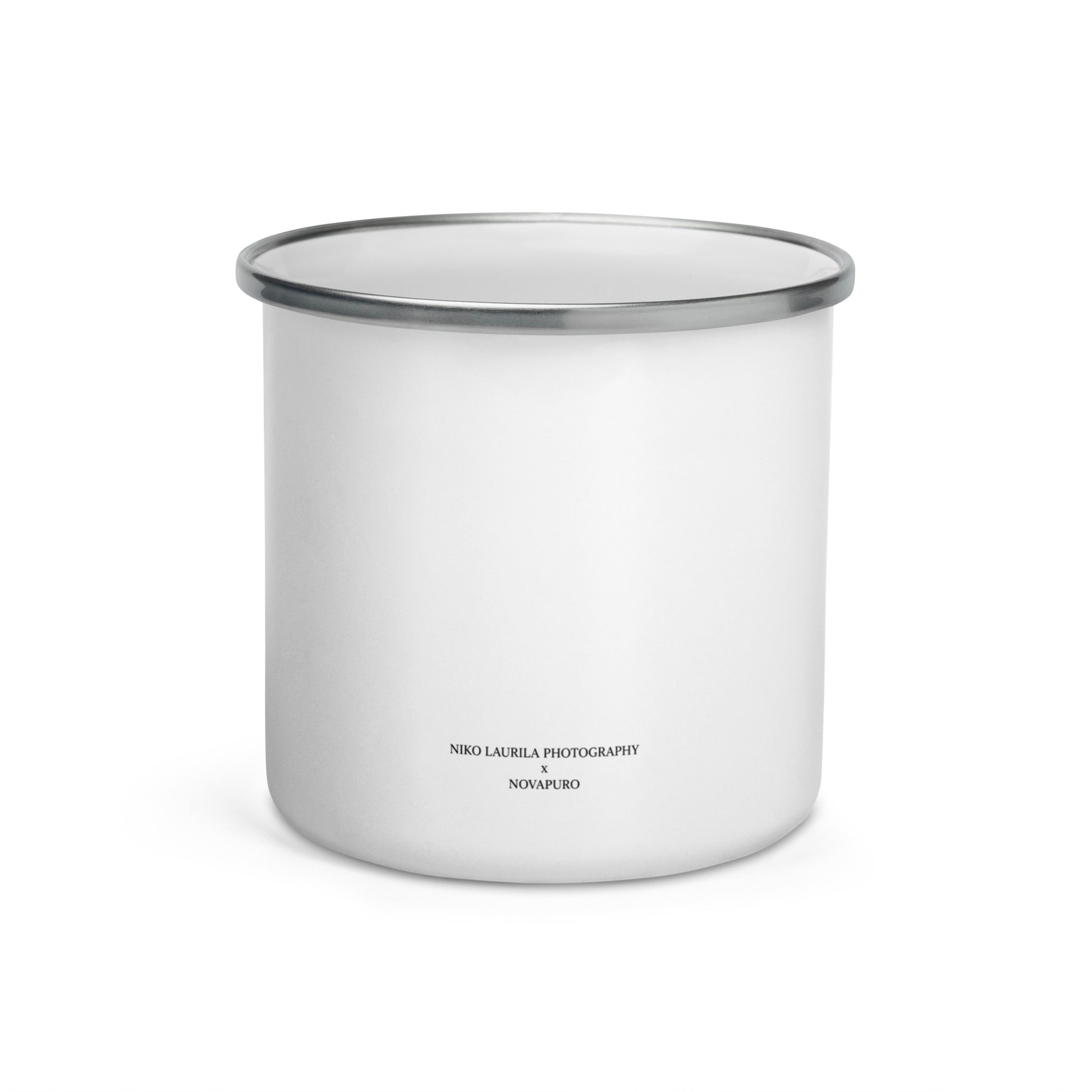 Niko Laurila x Novapuro white enamel camper mug featuring an original red fox wildlife photograph resting on a wooden board