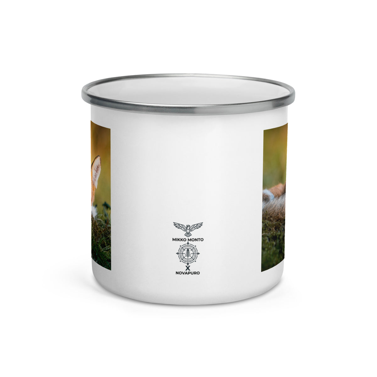 Close-up of the 'Morning Nap' enamel camper mug showcasing the wildlife art and durable silver rim.