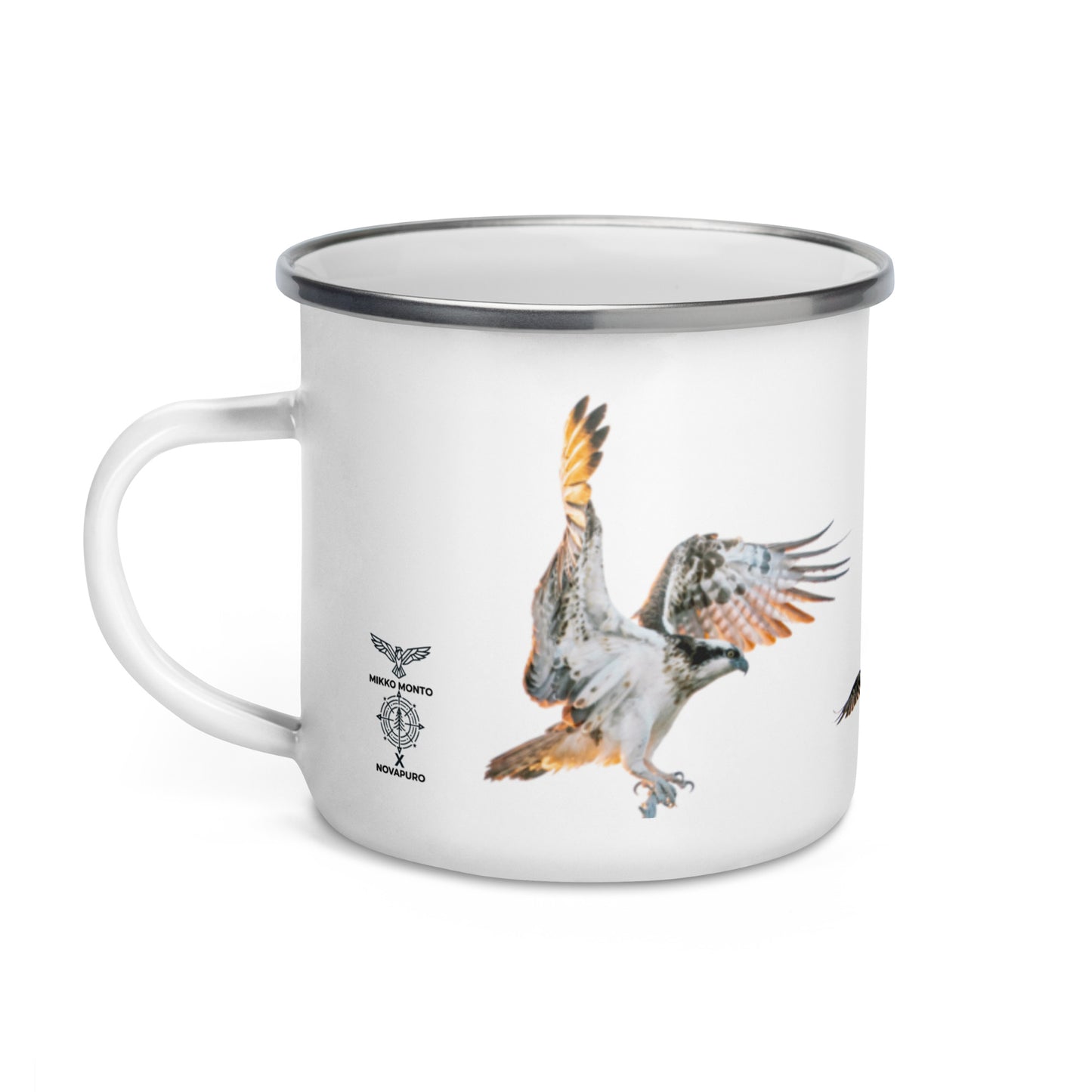 An enamel camper mug featuring a detailed stippling art print of an Osprey (Kalasääski) by Mikko Monto.
