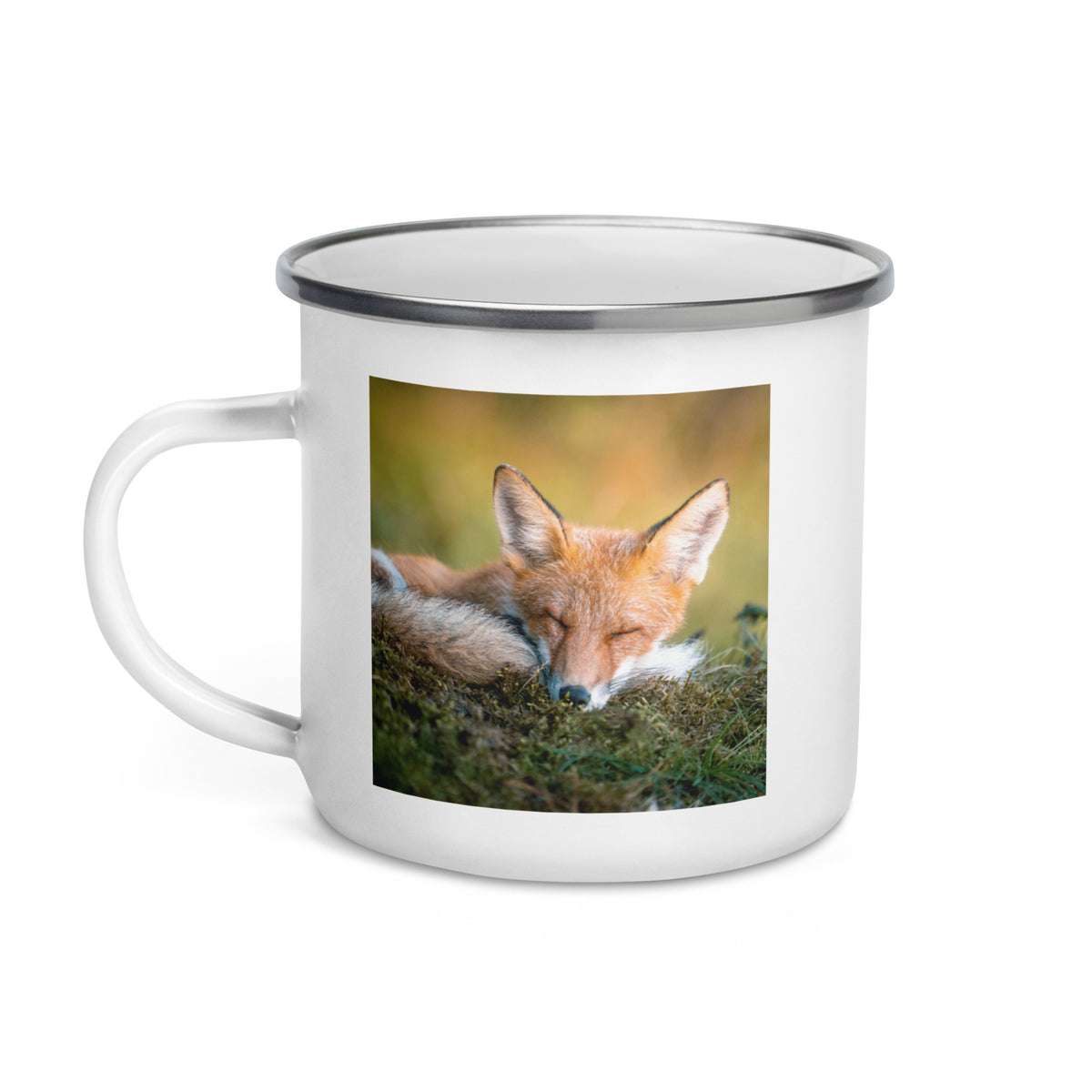 he Mikko Monto x Novapuro enamel mug displayed in a natural outdoor setting, highlighting its lightweight and portable design