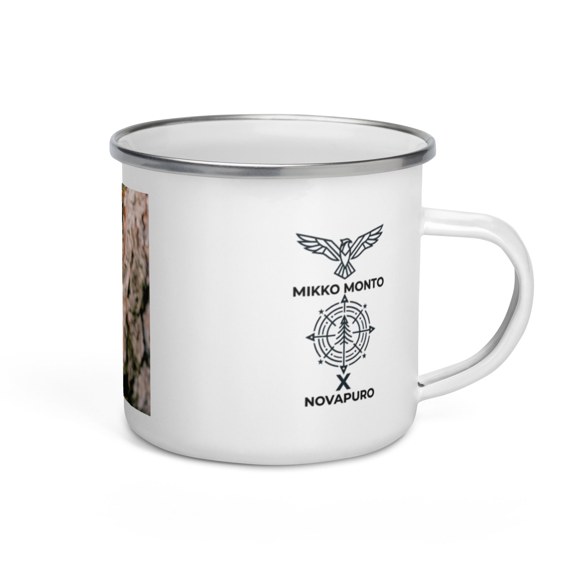 Side view of a white enamel mug showing the Novapuro x Mikko Monto collaboration logo.