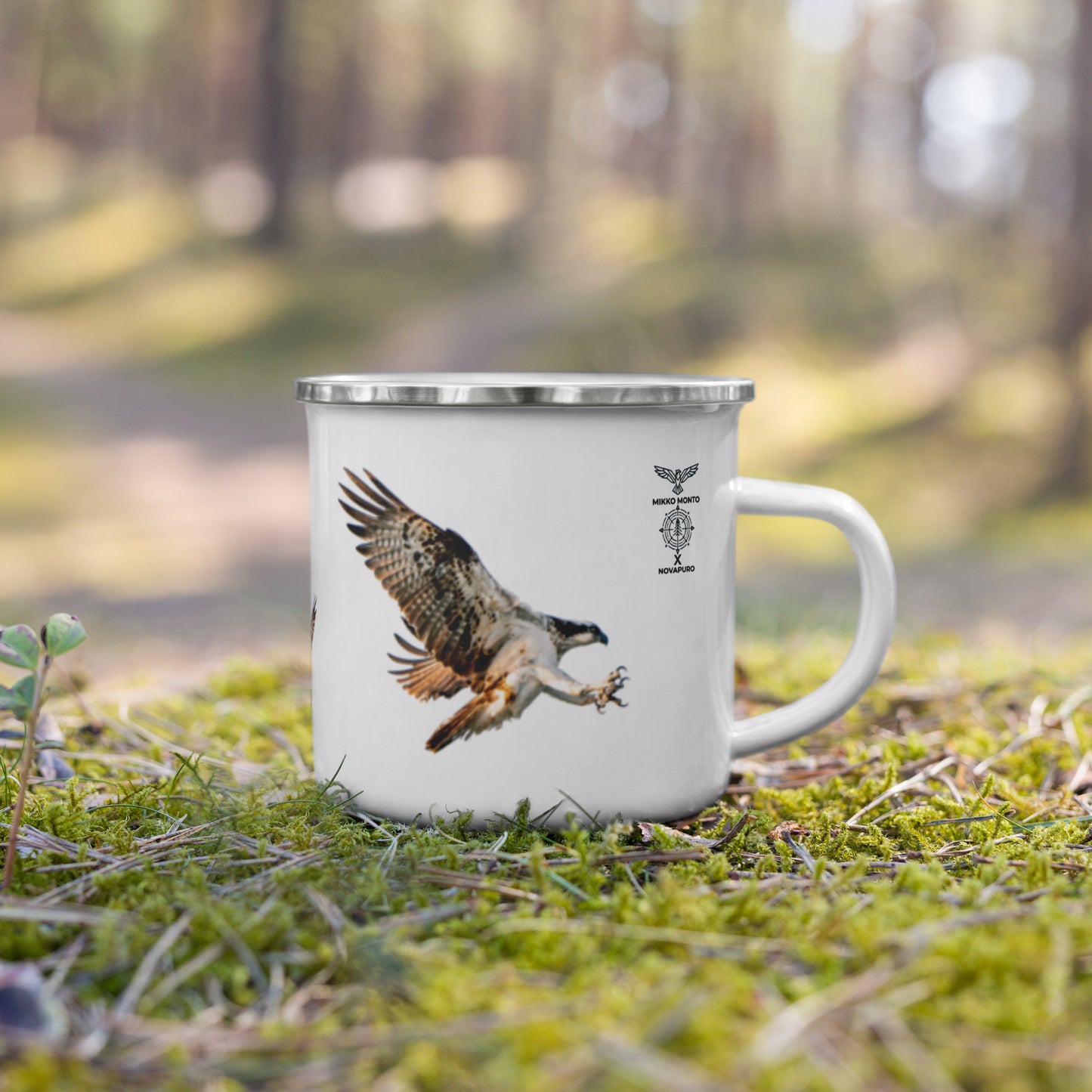 An enamel camper mug featuring a detailed stippling art print of an Osprey (Kalasääski) by Mikko Monto.
