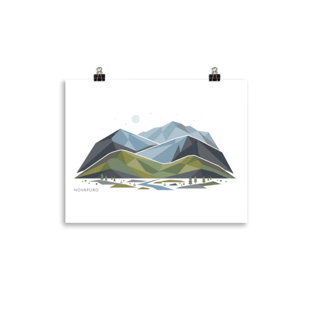 A horizontal enhanced matte paper poster displaying an abstract geometric illustration of Nordic mountains and nature in soft blue, green, and grey tones, hanging on a white wall.