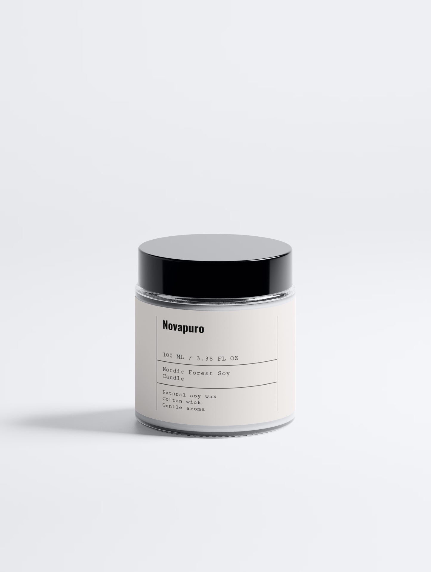 Minimalist glass jar of Novapuro Nordic Forest Moss soy wax candle, featuring an eco-friendly clean burn and earthy natural aromatherapy.