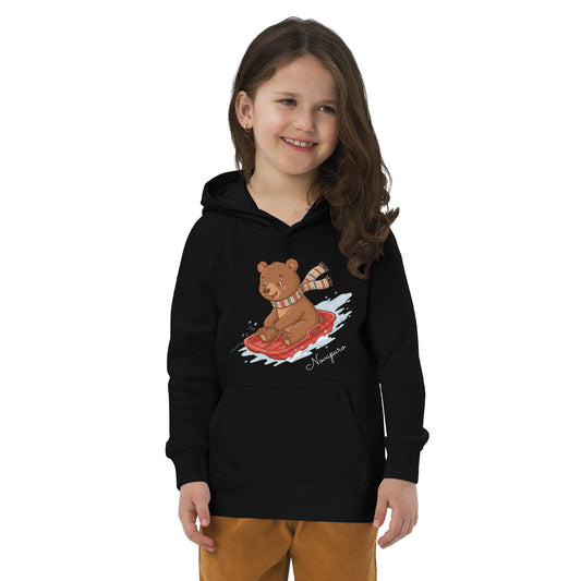 Novapuro Kids Sledding Champion Eco Hoodie. Warm organic cotton hoodie for children with fun winter sledding print. Sustainable kids fashion.