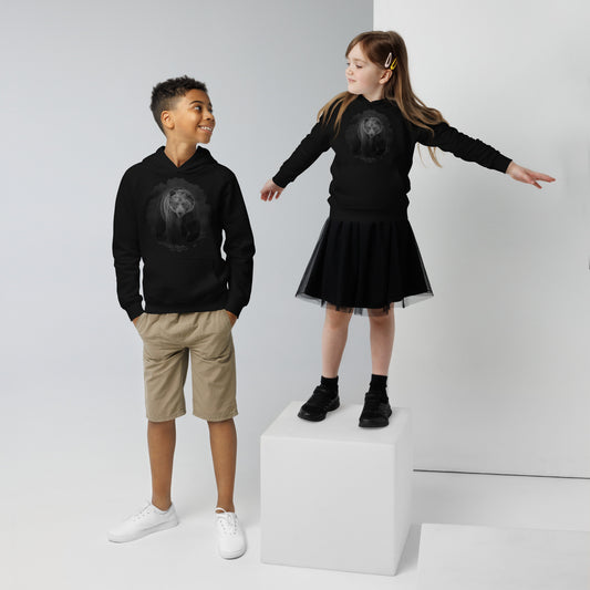 Black kids eco hoodie featuring a Nordic bear design, a sustainable nature-inspired collaboration between Novapuro and Auli Leivonen.