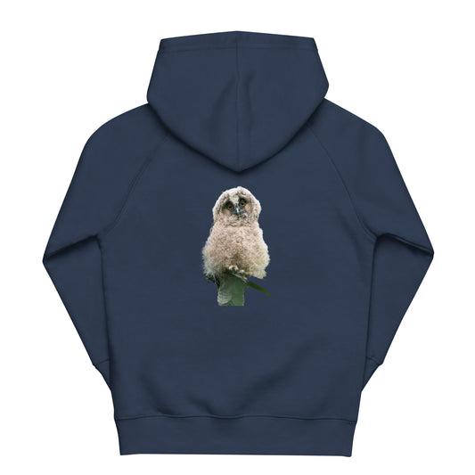 Back view of a navy blue kids' organic hoodie featuring Long-eared Owl wildlife stippling art.