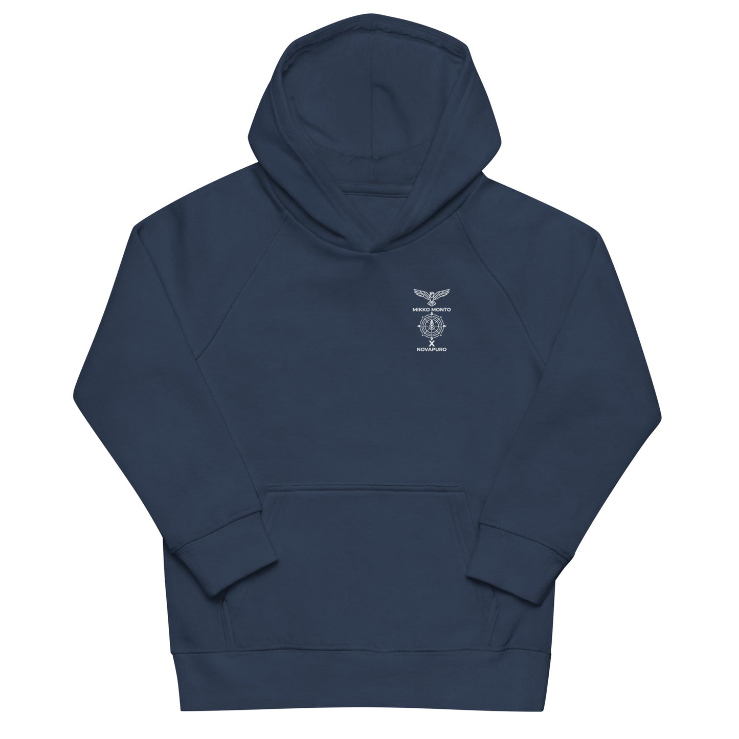 Front view of a navy blue kids' organic hoodie with a small Novapuro x Mikko Monto logo on the chest.