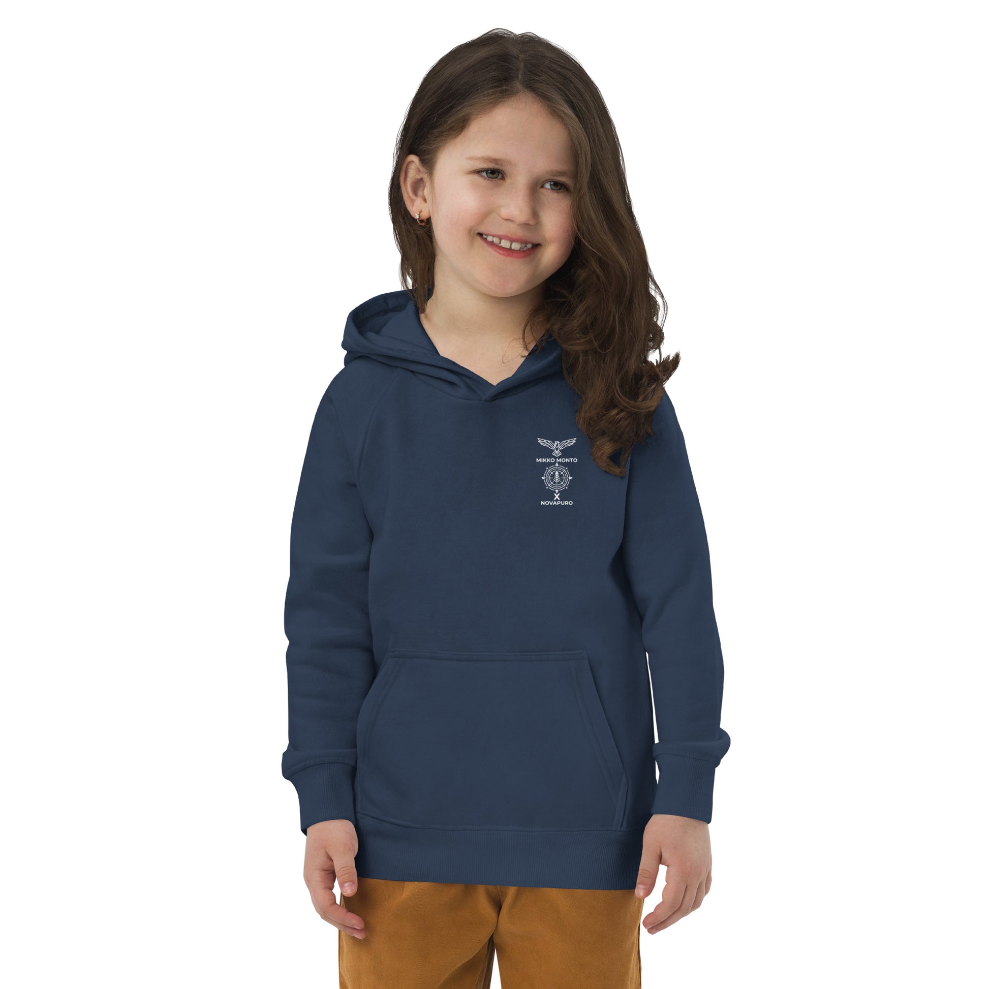 Front view of a child wearing a navy blue organic hoodie with the small Novapuro x Mikko Monto logo on the chest.