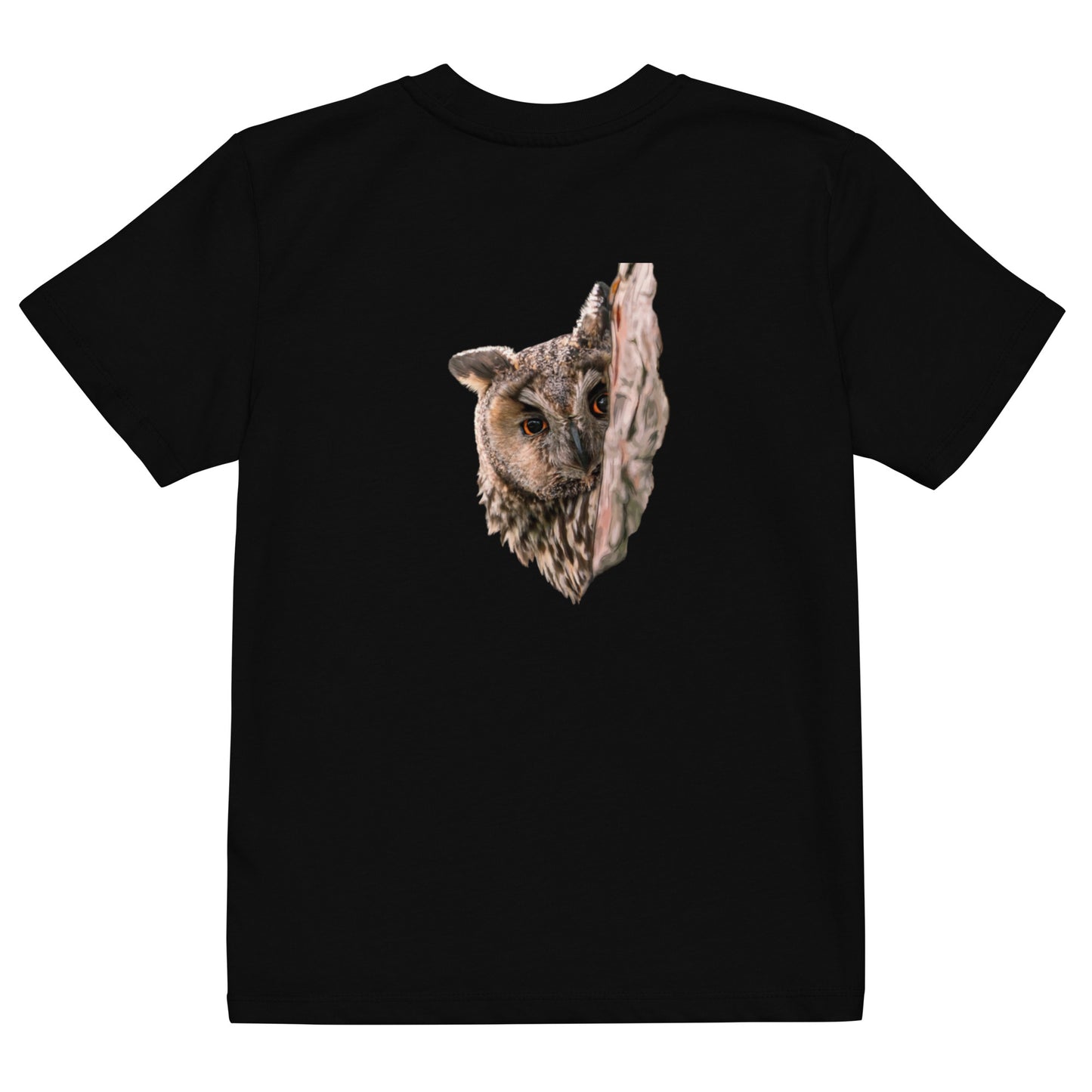 Back view of a black kids' organic t-shirt featuring Long-eared Owl wildlife stippling art.