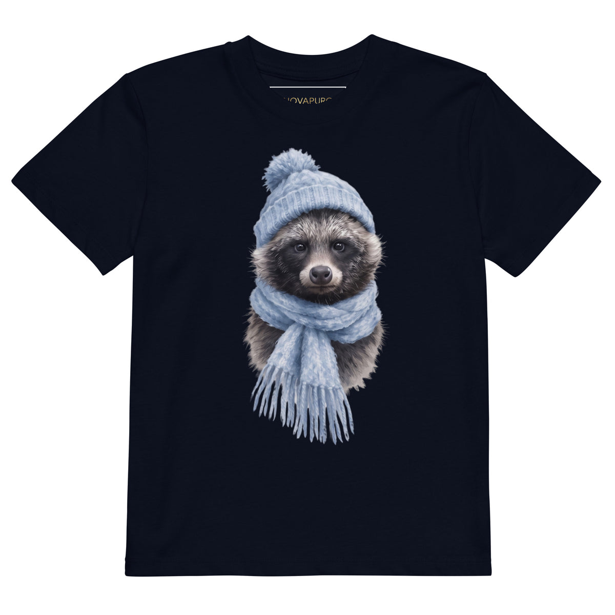 Front view of the French Navy Annette Thome Marttinen x Novapuro organic cotton kids t-shirt featuring Nordic wolf artwork