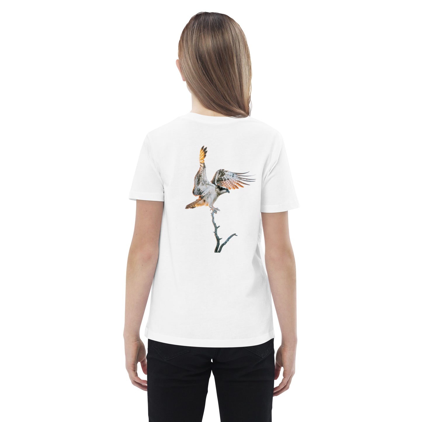 Back view of a kid wearing a white Novapuro organic cotton t-shirt featuring a majestic osprey wildlife photograph by Mikko Monto.