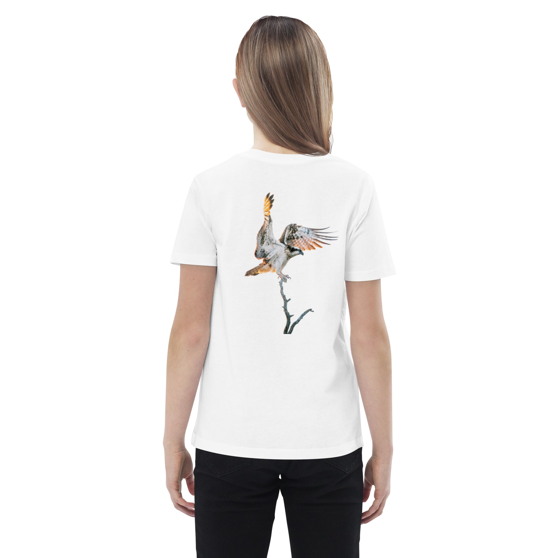 Back view of a kid wearing a white Novapuro organic cotton t-shirt featuring a majestic osprey wildlife photograph by Mikko Monto.