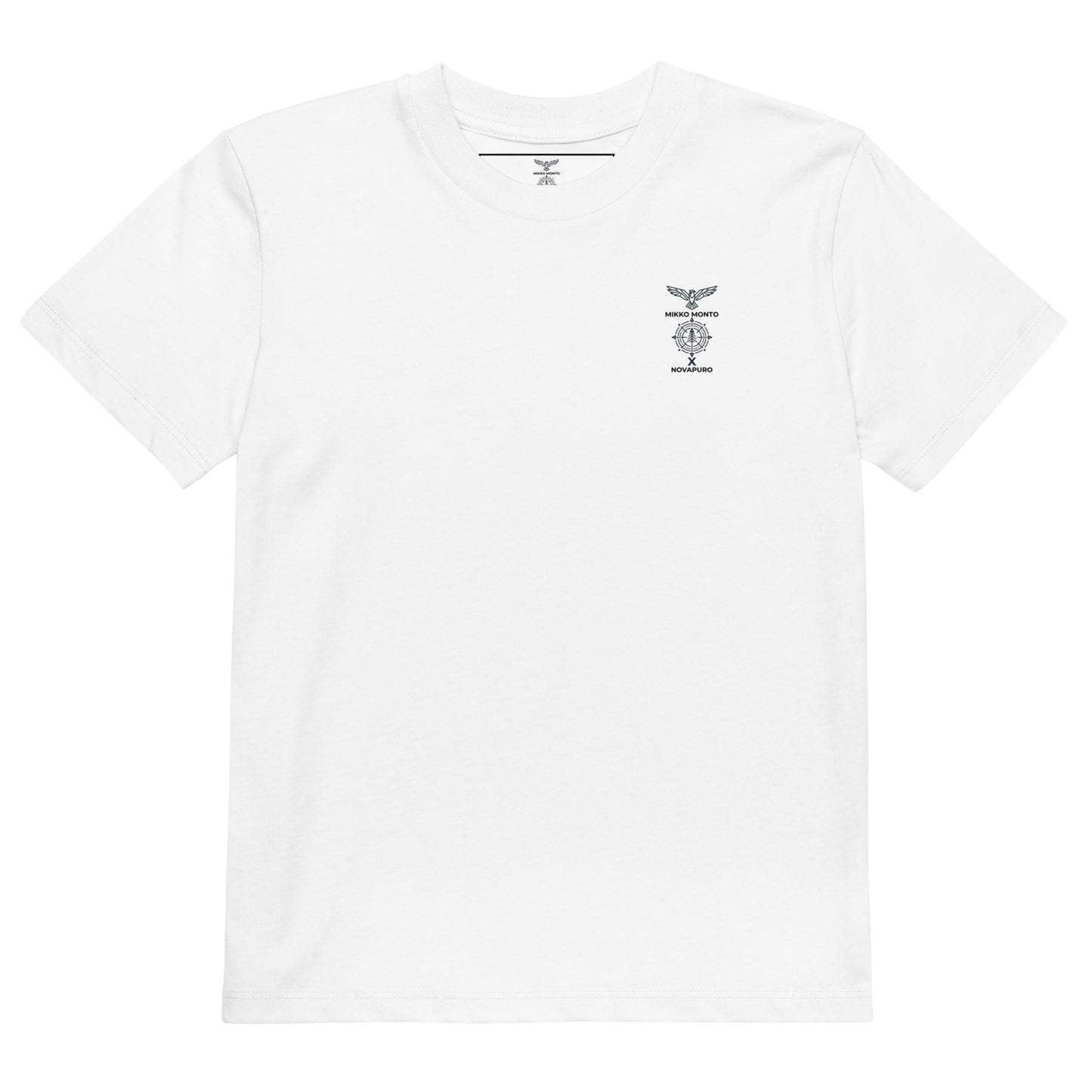 Back view of a kid wearing a white Novapuro organic cotton t-shirt featuring a majestic osprey wildlife photograph by Mikko Monto.
