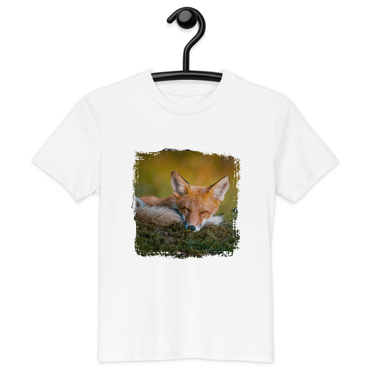 Front view of the eco-friendly kids' organic cotton t-shirt showcasing the sleeping fox wildlife photography