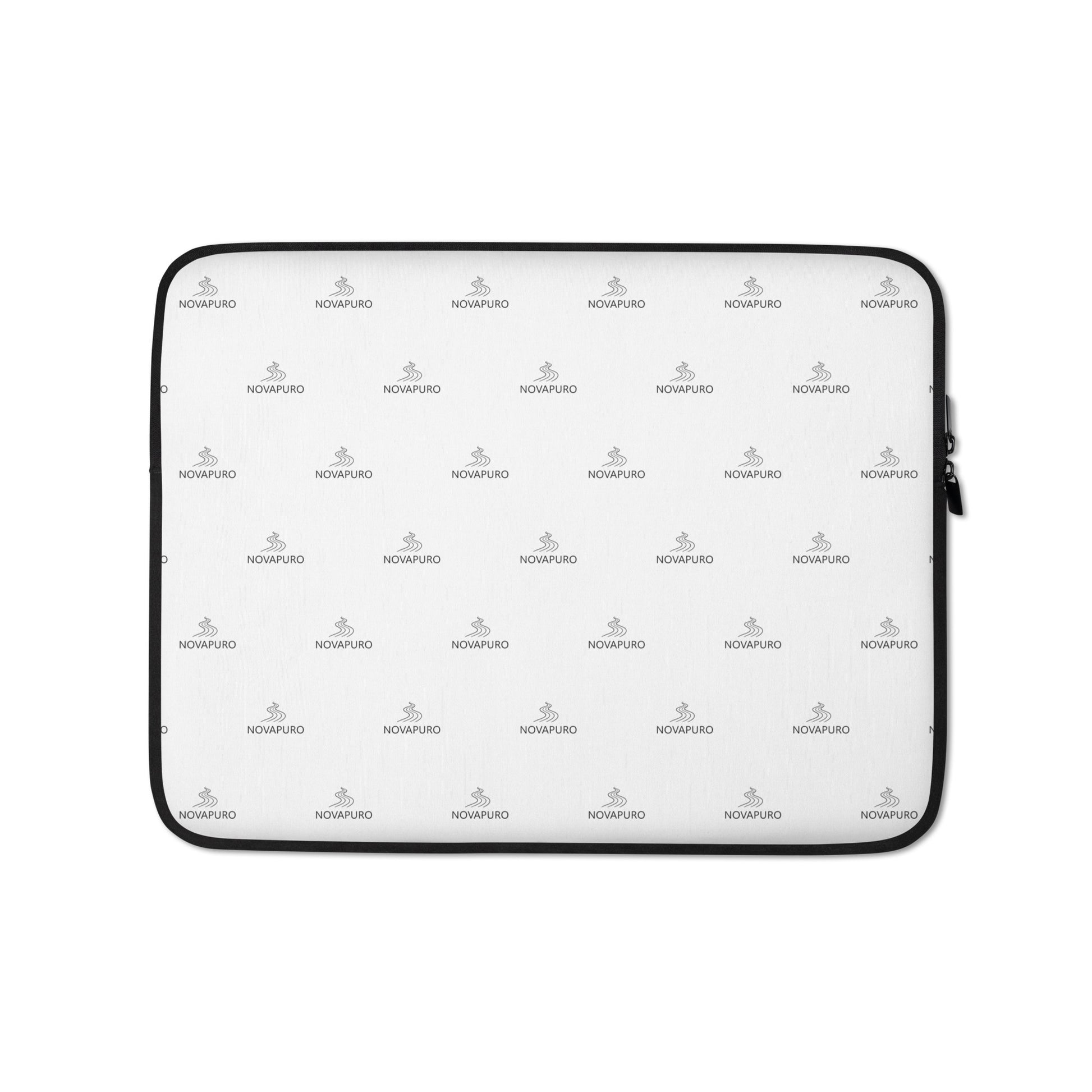 Premium white laptop sleeve featuring a repeating black Novapuro logo pattern, minimalist Scandinavian tech accessory with faux fur lining.