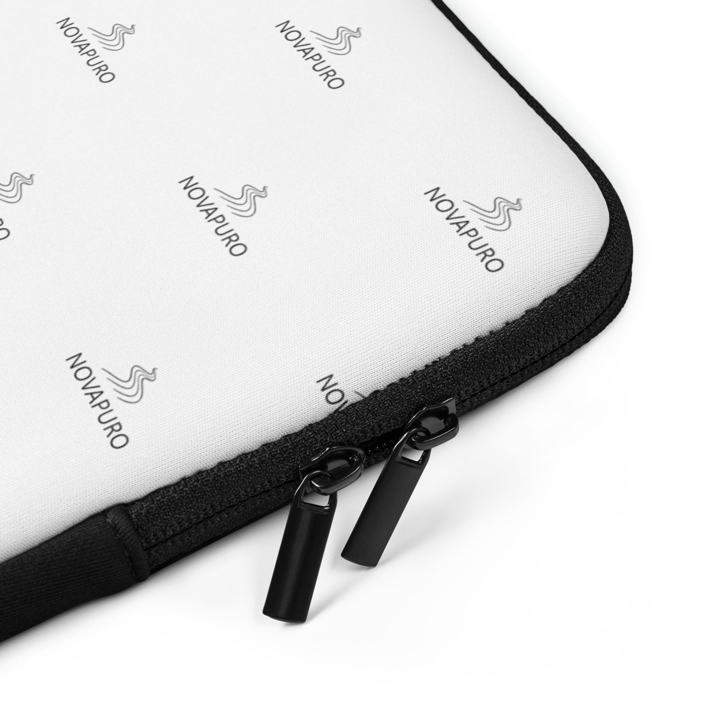 Premium white laptop sleeve featuring a repeating black Novapuro logo pattern, minimalist Scandinavian tech accessory with faux fur lining.