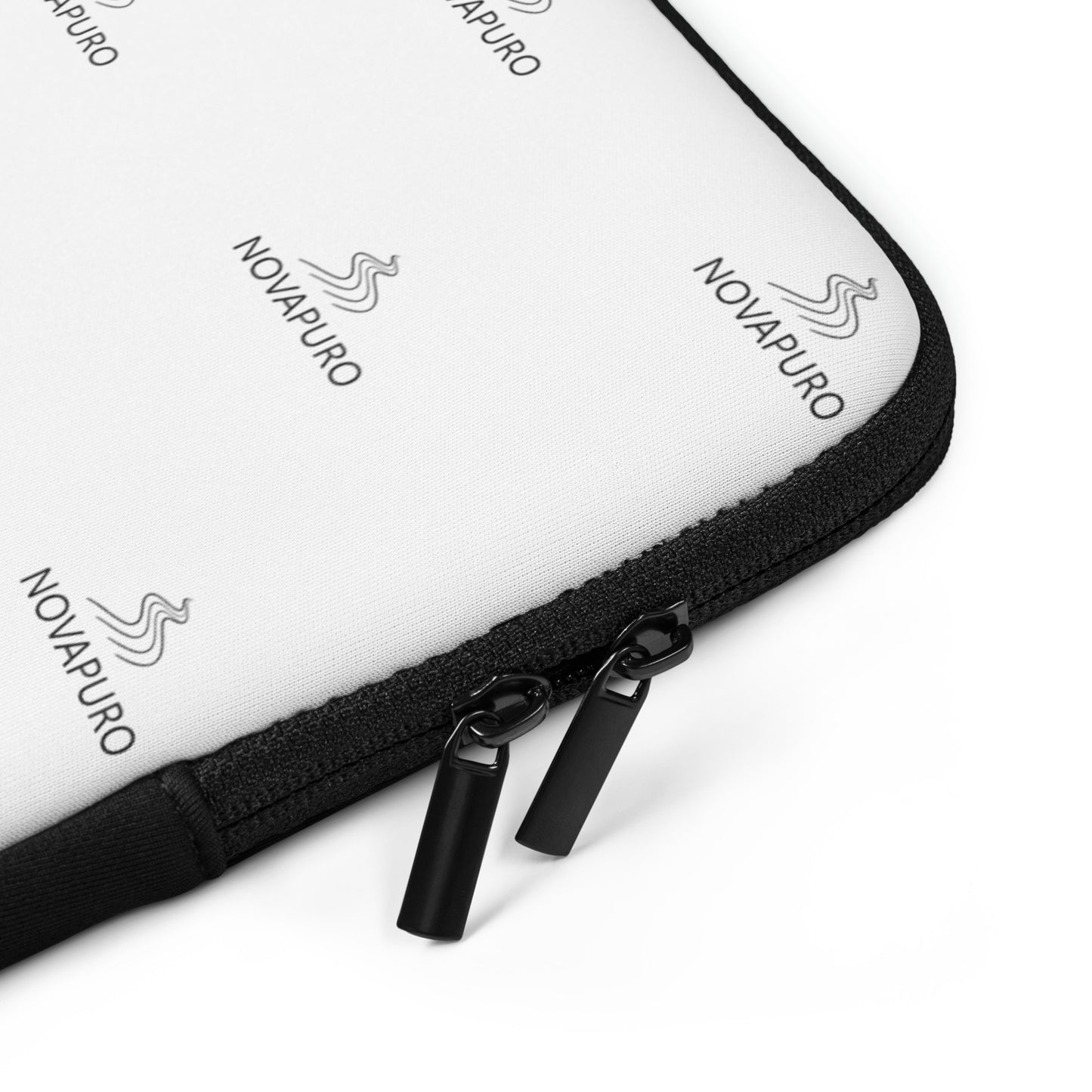 Premium white laptop sleeve featuring a repeating black Novapuro logo pattern, minimalist Scandinavian tech accessory with faux fur lining.