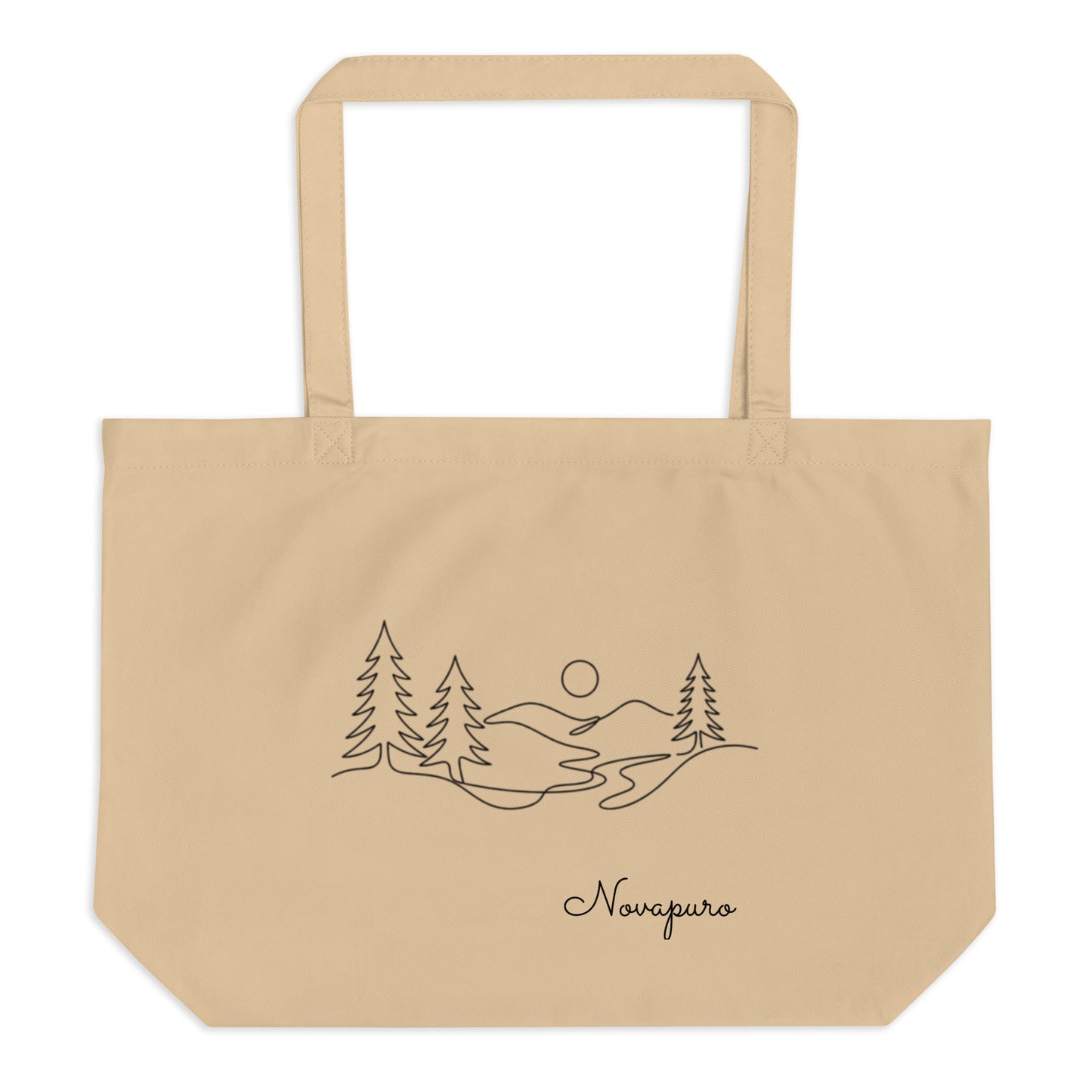 A spacious natural beige organic cotton tote bag featuring a minimalist black line art illustration of a Nordic pine forest and the Novapuro logo.