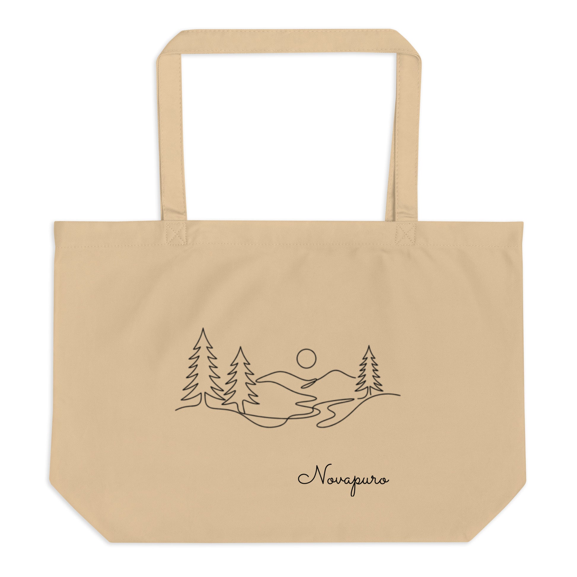 A spacious natural beige organic cotton tote bag featuring a minimalist black line art illustration of a Nordic pine forest and the Novapuro logo.