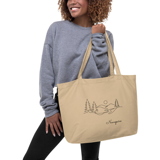 A spacious natural beige organic cotton tote bag featuring a minimalist black line art illustration of a Nordic pine forest and the Novapuro logo.
