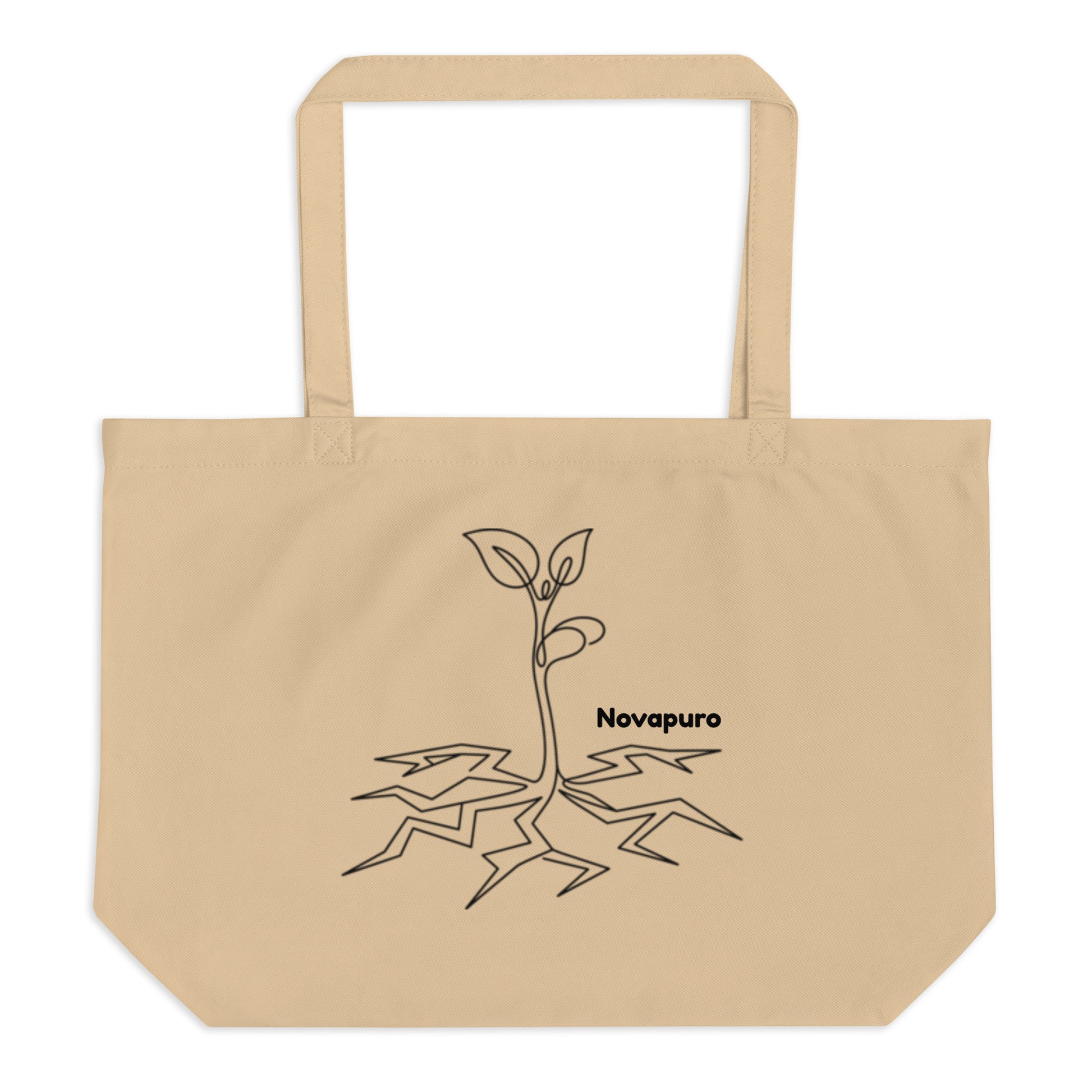 Minimalist organic cotton tote bag featuring a continuous black line drawing of a spring sprout by Novapuro