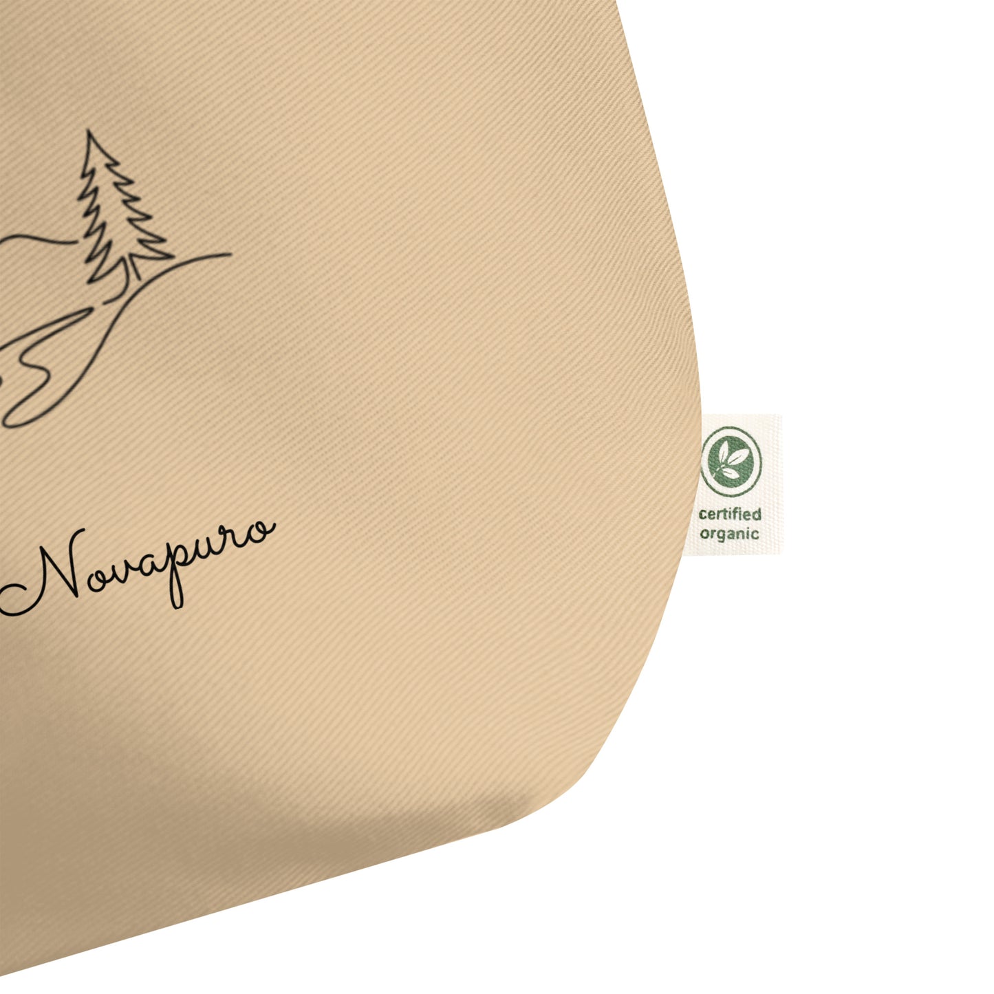 A spacious natural beige organic cotton tote bag featuring a minimalist black line art illustration of a Nordic pine forest and the Novapuro logo.