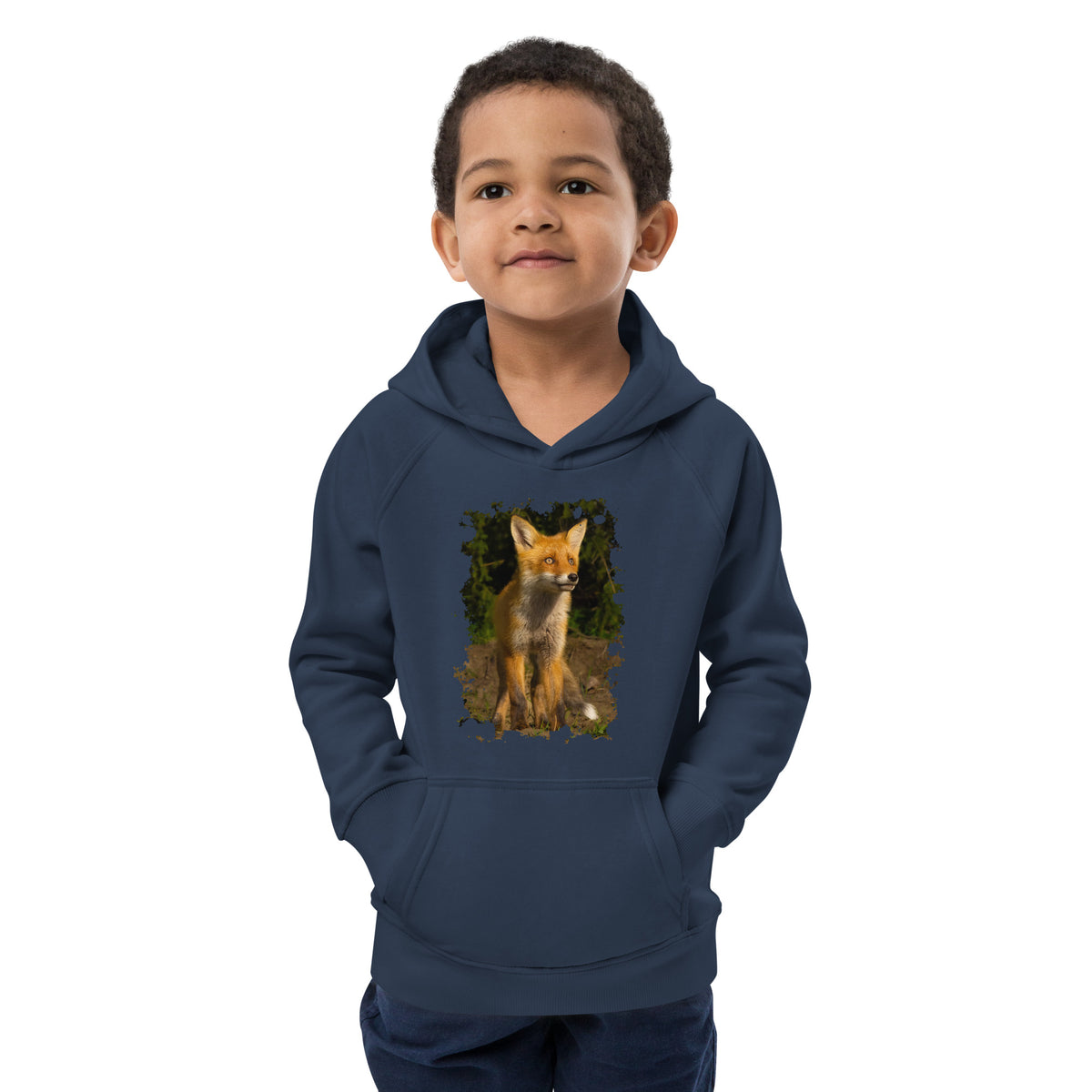 A navy blue kids eco hoodie featuring an authentic Nordic fox wildlife photograph by Harri Maanoja.