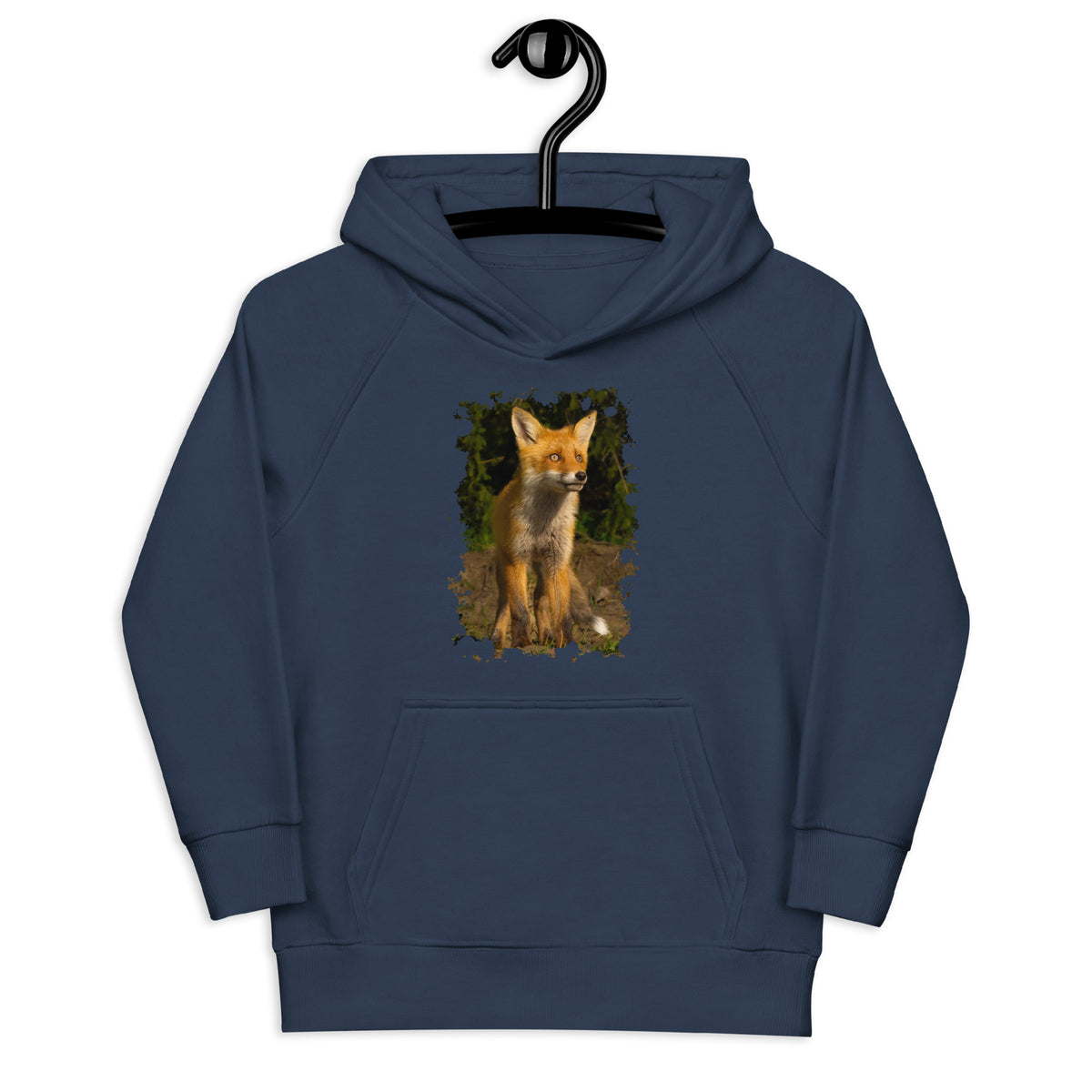 A navy blue kids eco hoodie featuring an authentic Nordic fox wildlife photograph by Harri Maanoja.