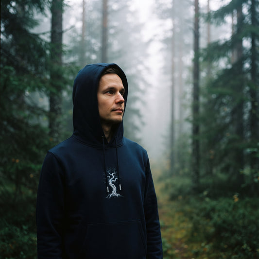 Novapuro "Kelo" Heavyweight Organic Cotton Hoodie in French Navy worn by a man in a misty Nordic pine forest, showcasing sustainable and organic minimalist outdoor apparel.
