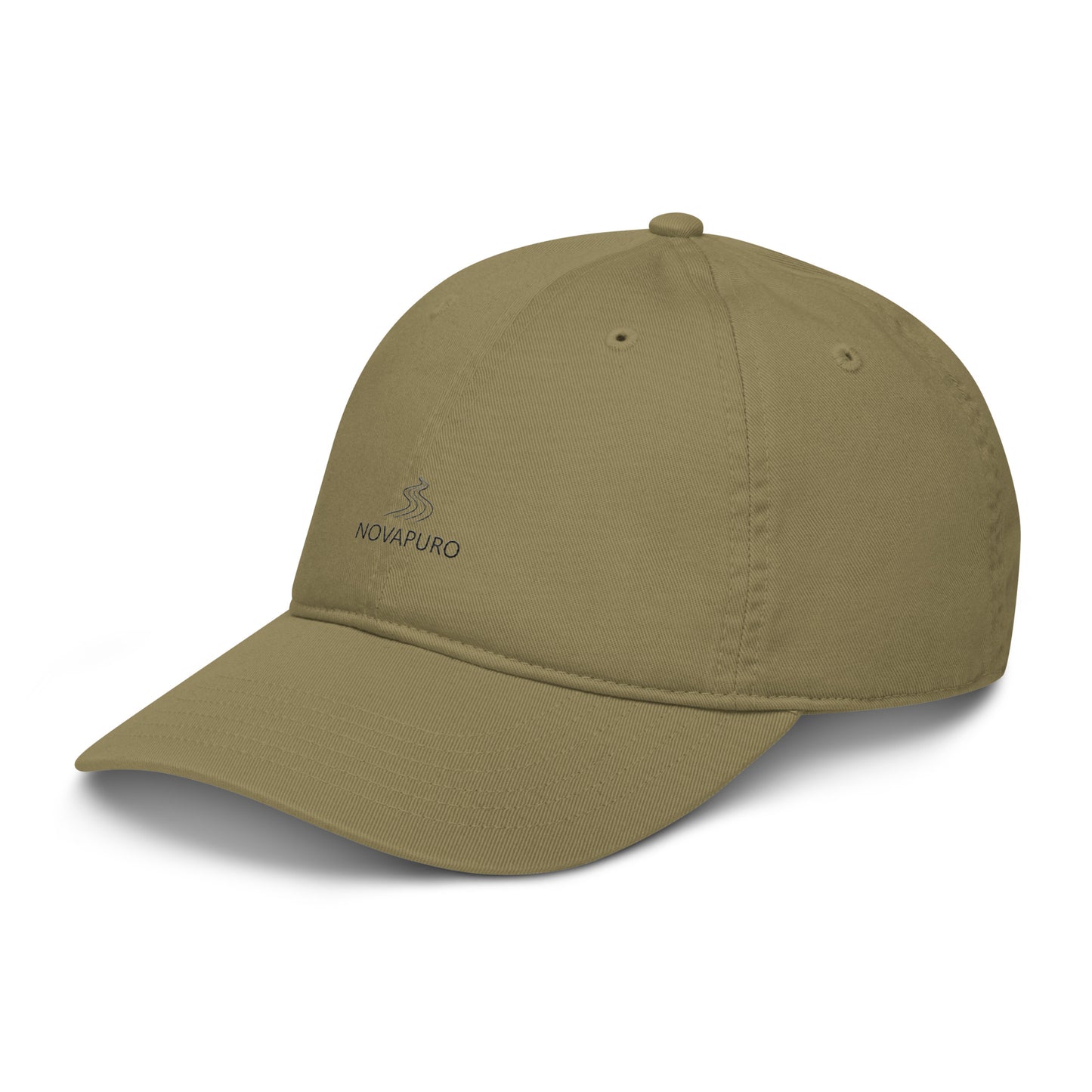 Model wearing the forest green Novapuro Signature Organic Cap made from sustainable cotton