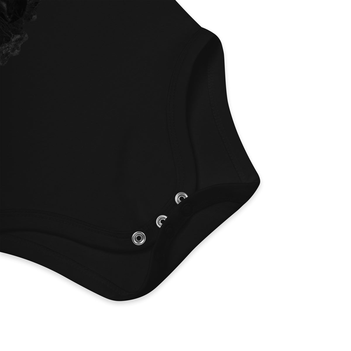 A black organic cotton baby bodysuit featuring a Nordic bear design, an adorable and sustainable collaboration between Novapuro and Auli Leivonen.