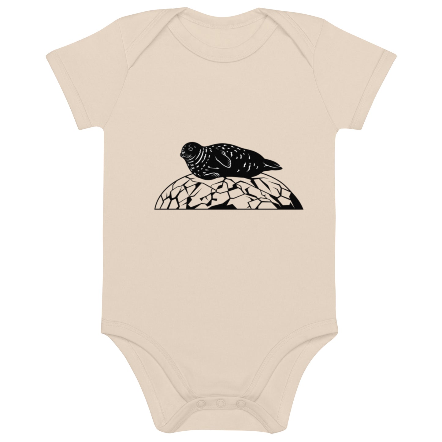 Front view of the natural beige Novapuro organic cotton baby bodysuit featuring a black Saimaa Ringed Seal illustration and envelope neckline