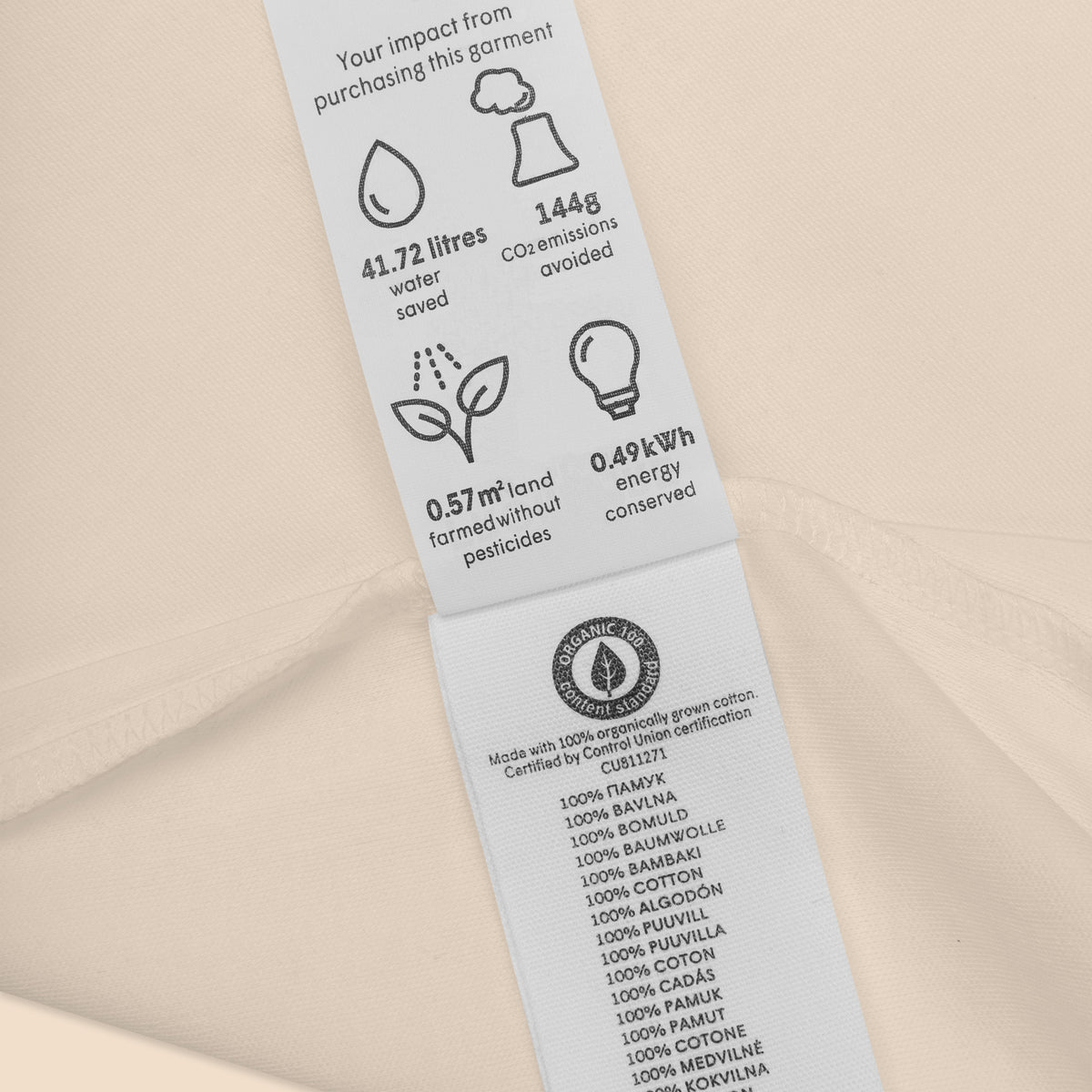 Close up of the soft organic cotton fabric and envelope neckline on the Annette Thome Marttinen x Novapuro baby bodysuit