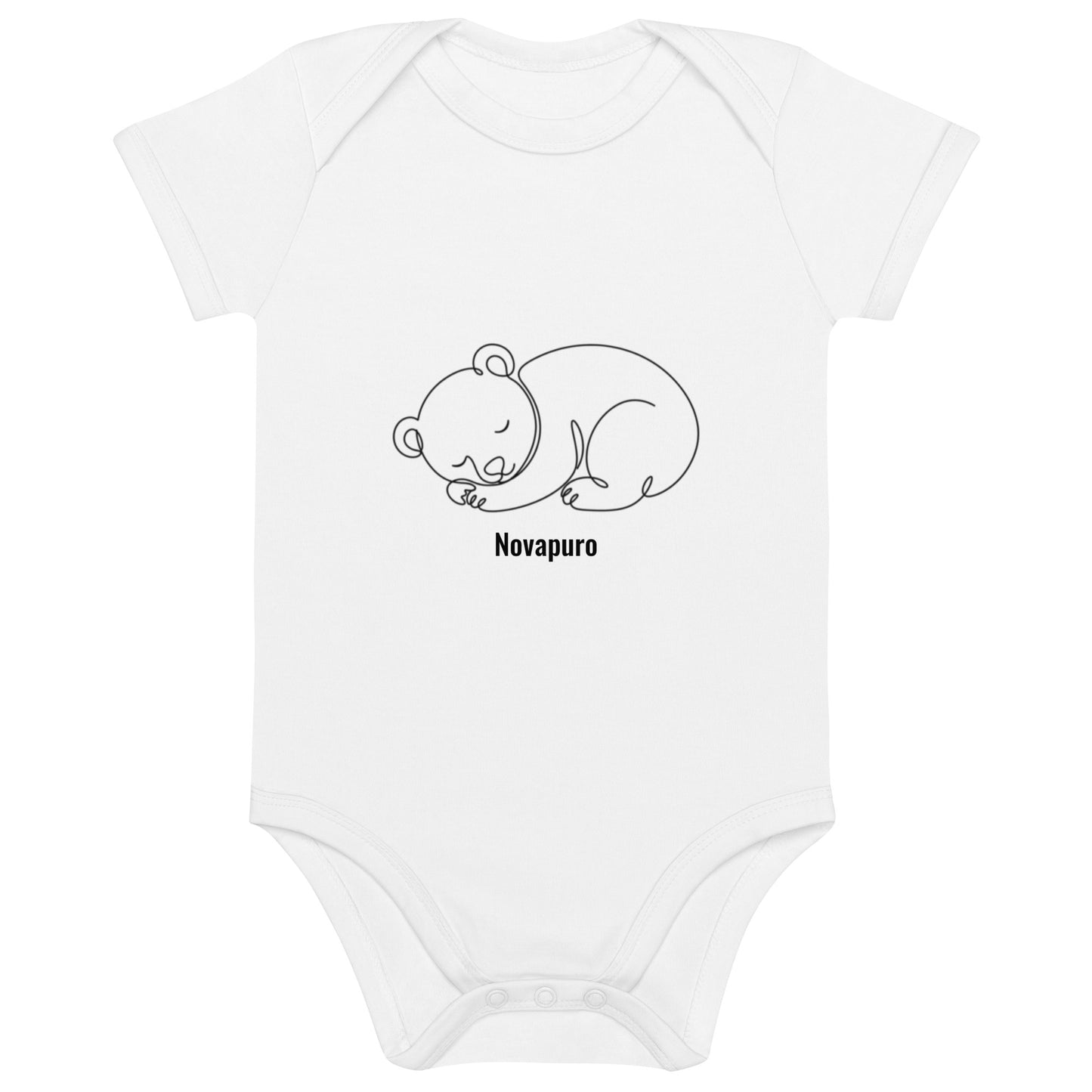 Baby wearing a sand-colored organic cotton bodysuit featuring a minimalist continuous line art of a sleeping bear and the Novapuro logo.
