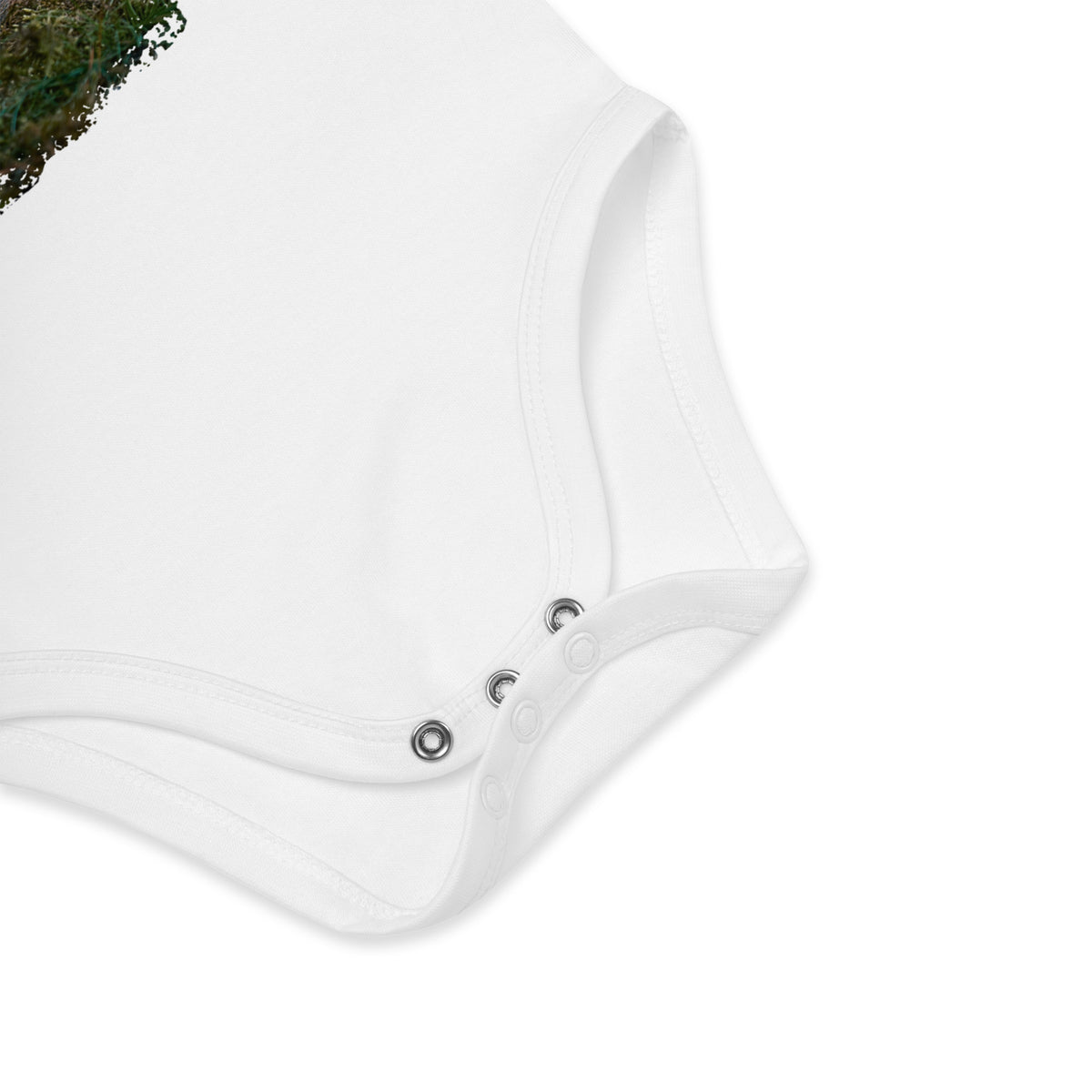 Close-up view of the organic cotton baby bodysuit showcasing the envelope neckline and soft fabric.