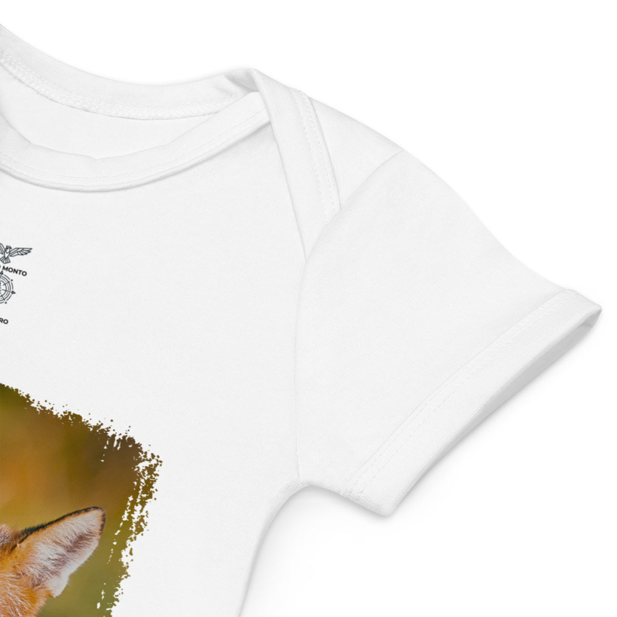 Close-up view of the organic cotton baby bodysuit showcasing the envelope neckline and soft fabric.
