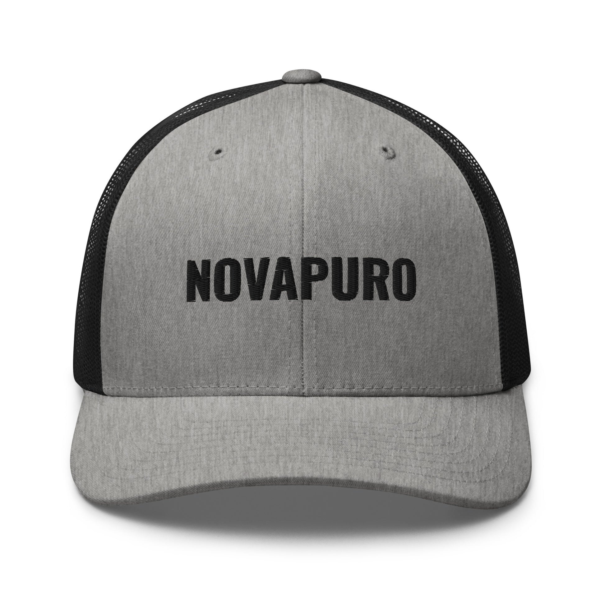 Novapuro "The Essential" Retro Trucker Cap in vintage grey with premium embroidered logo. Durable snapback fishing hat with breathable mesh back.