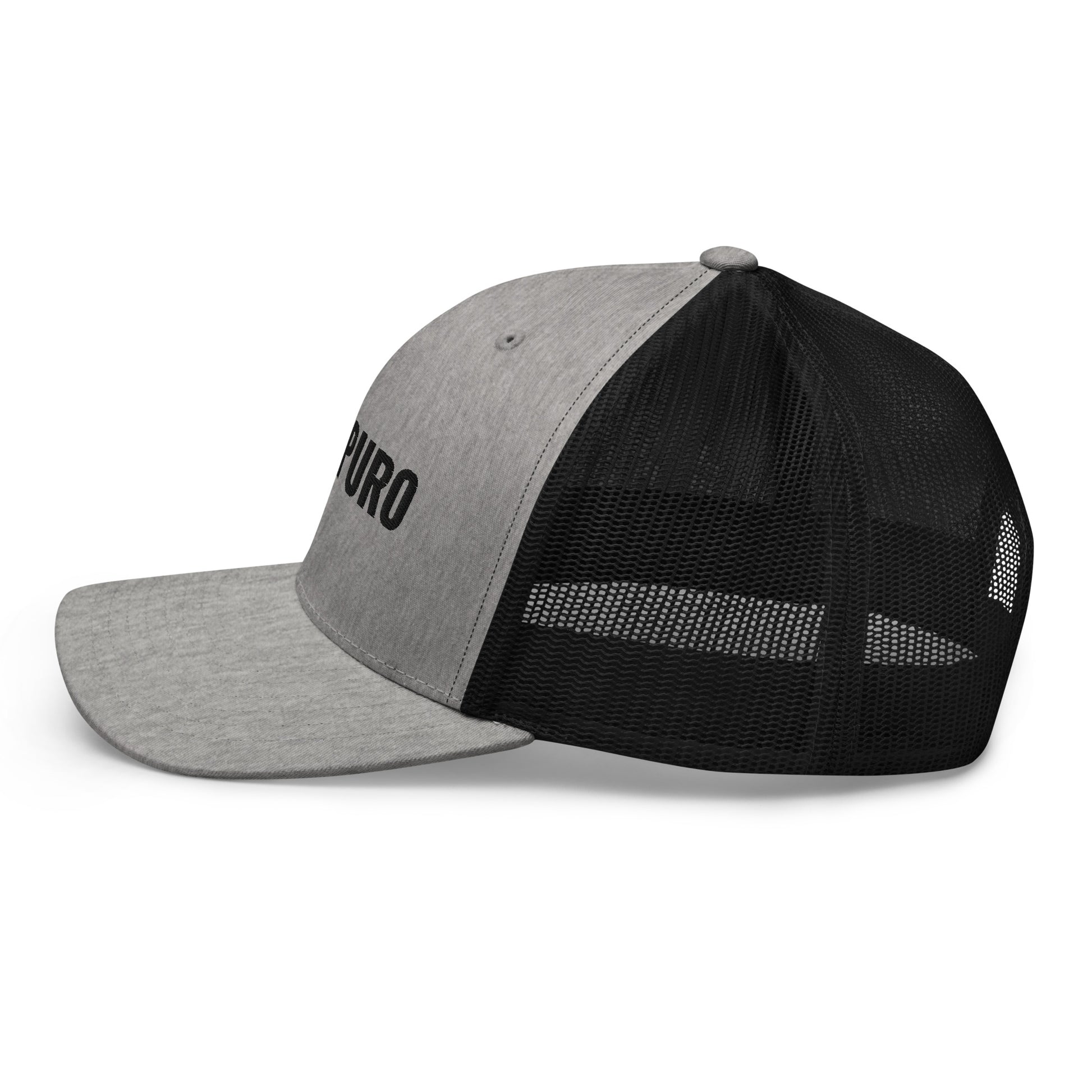 Novapuro "The Essential" Retro Trucker Cap in vintage grey with premium embroidered logo. Durable snapback fishing hat with breathable mesh back.