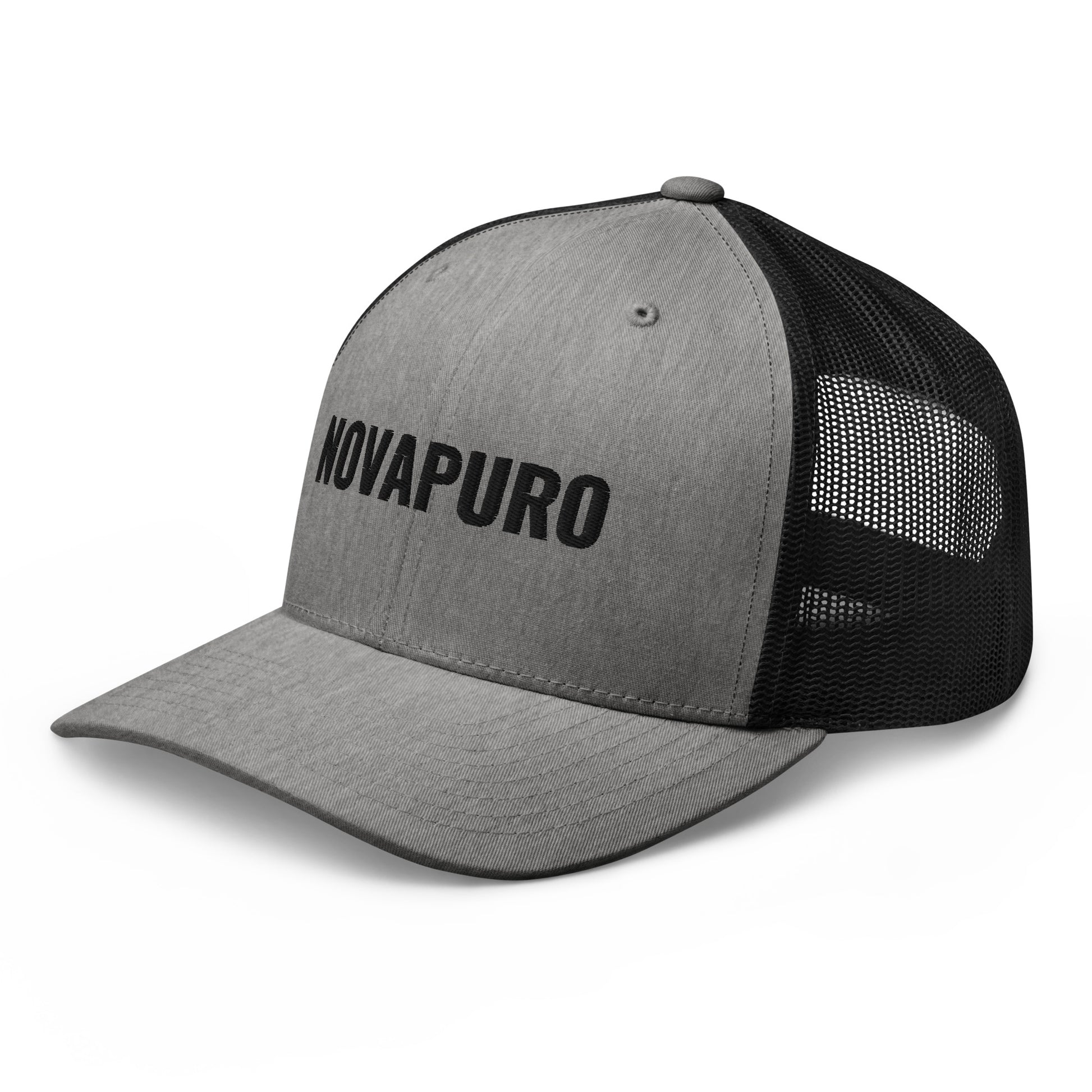 Novapuro "The Essential" Retro Trucker Cap in vintage grey with premium embroidered logo. Durable snapback fishing hat with breathable mesh back.