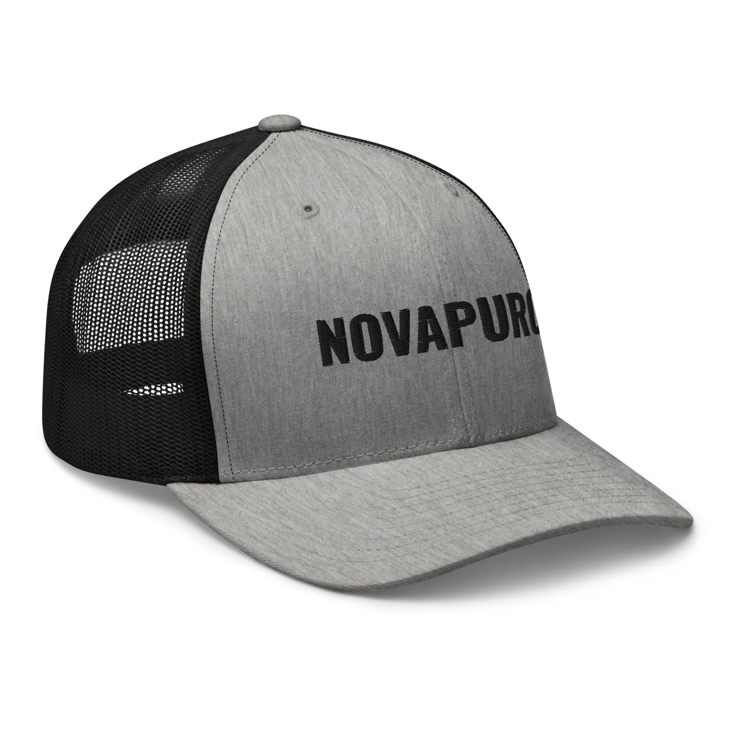 Novapuro "The Essential" Retro Trucker Cap in vintage grey with premium embroidered logo. Durable snapback fishing hat with breathable mesh back.