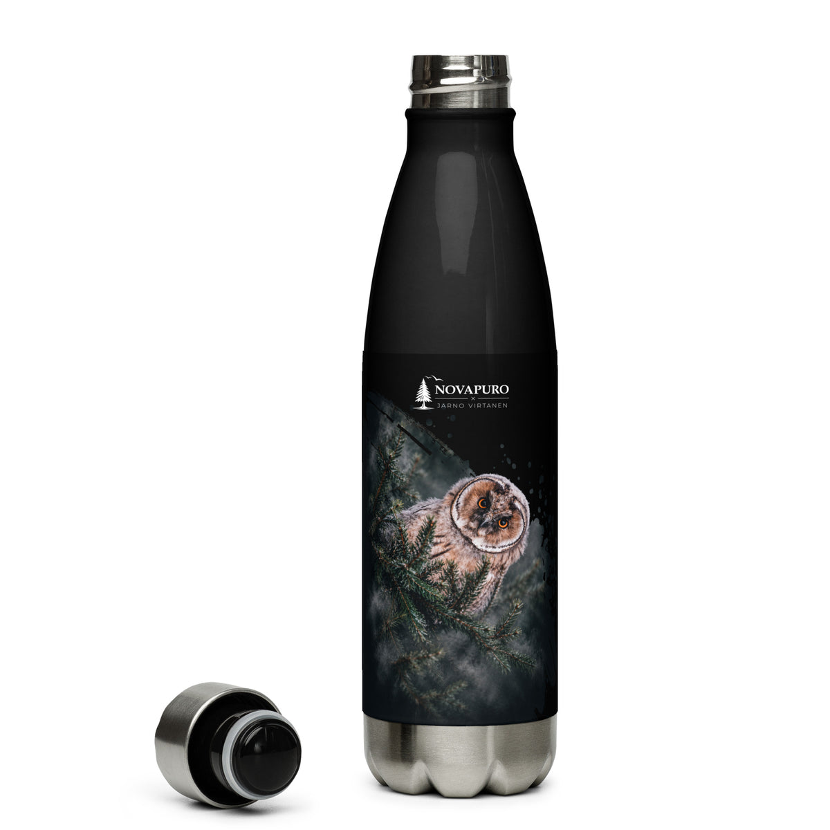 A black double-walled stainless steel water bottle featuring a Nordic long-eared owl chick print by Jarno Virtanen, resting on a wooden surface.